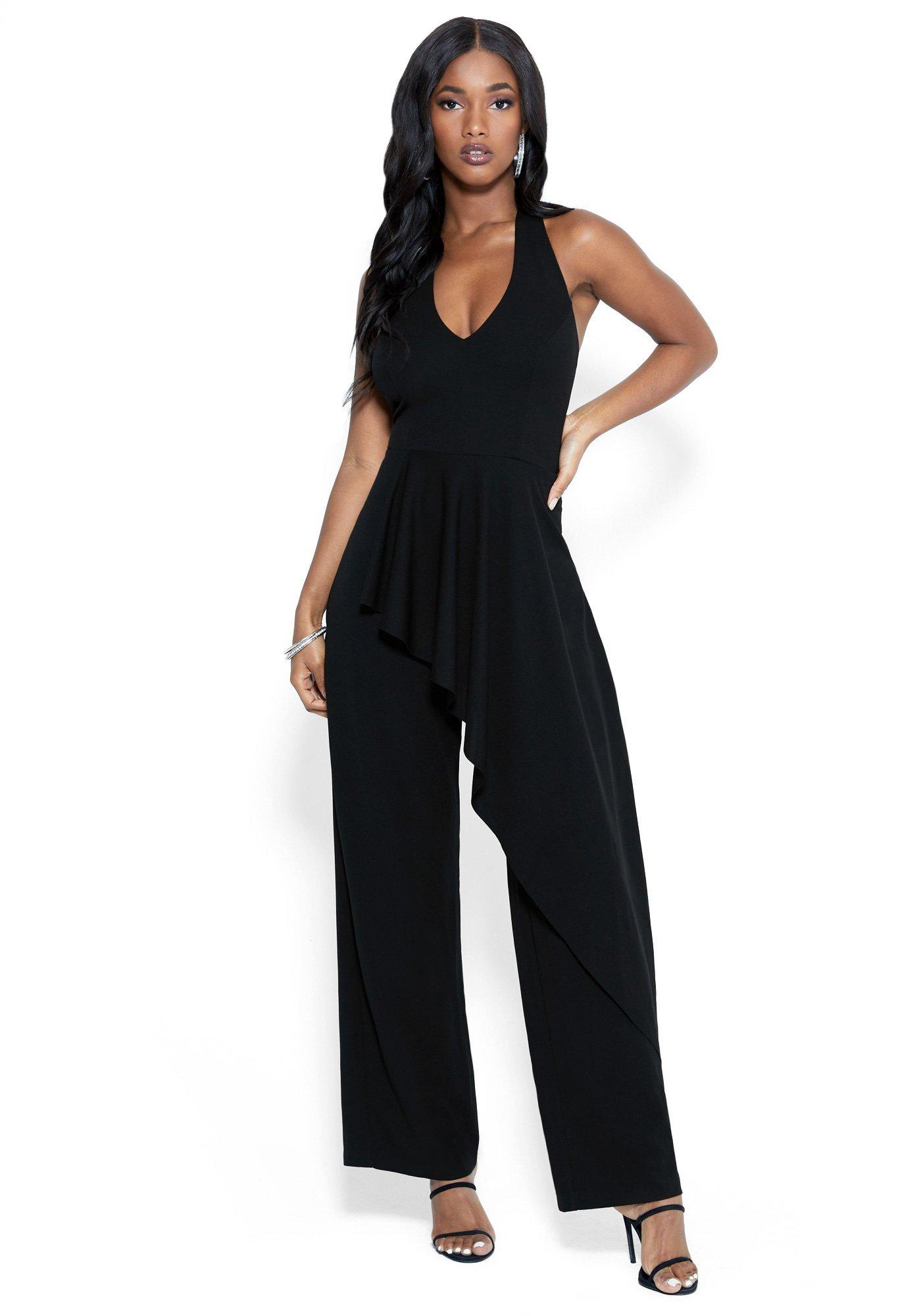 Bebe Synthetic Halter Asym Ruffle Jumpsuit in Black Lyst