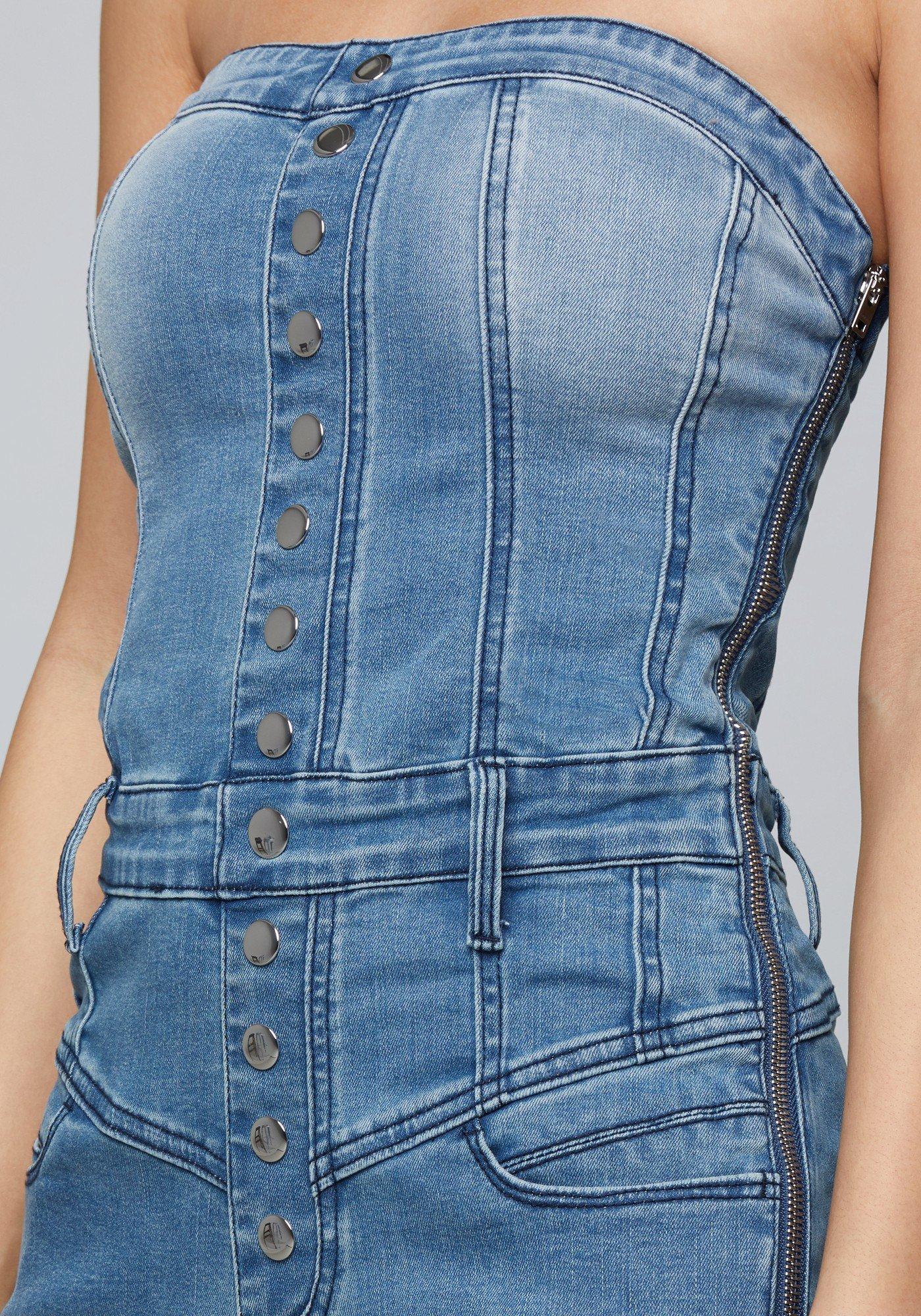 Bebe Denim Strapless Jumpsuit in Blue - Lyst