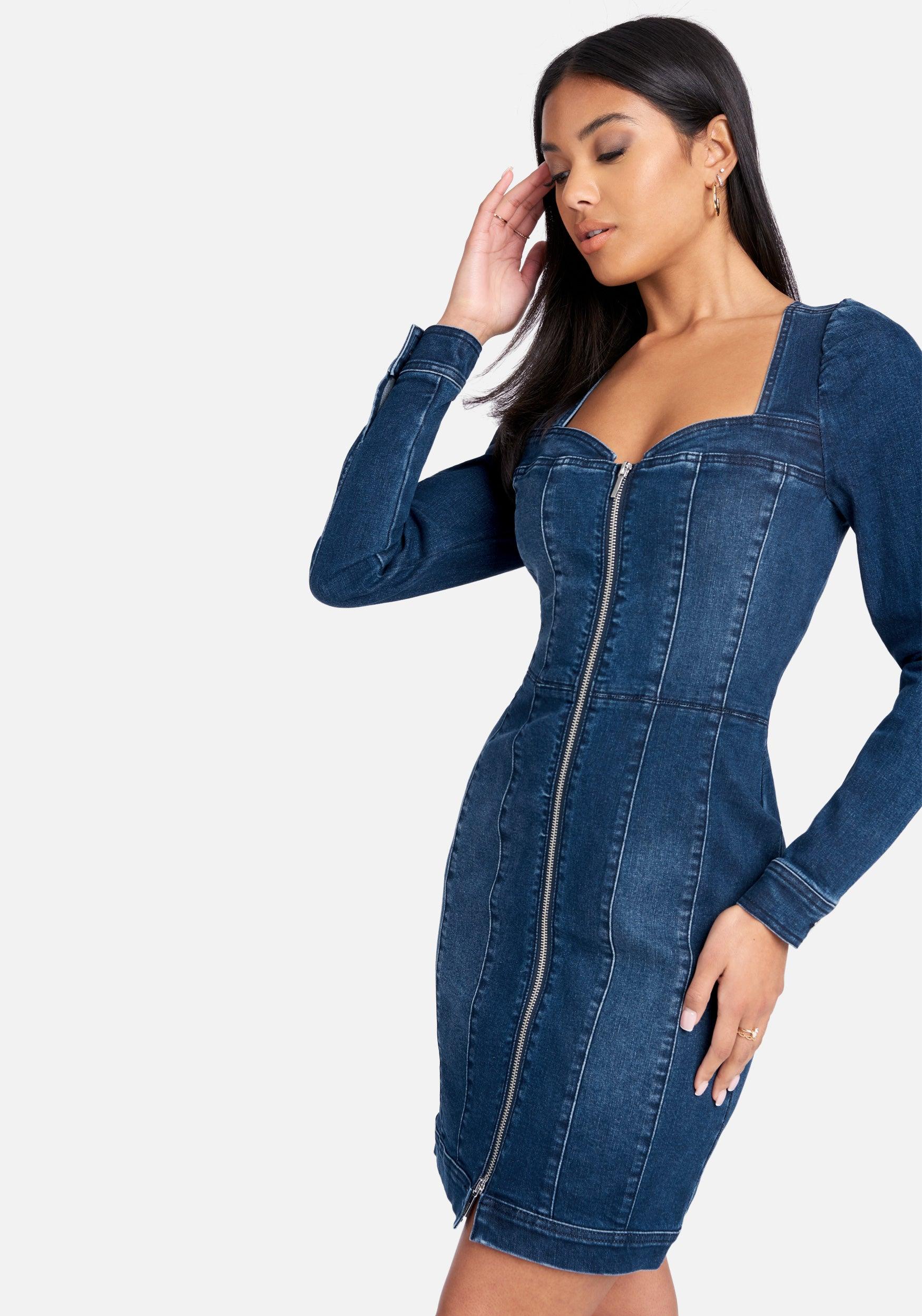 Bebe Long Sleeve Zip Front Bustier Denim Dress in Blue | Lyst