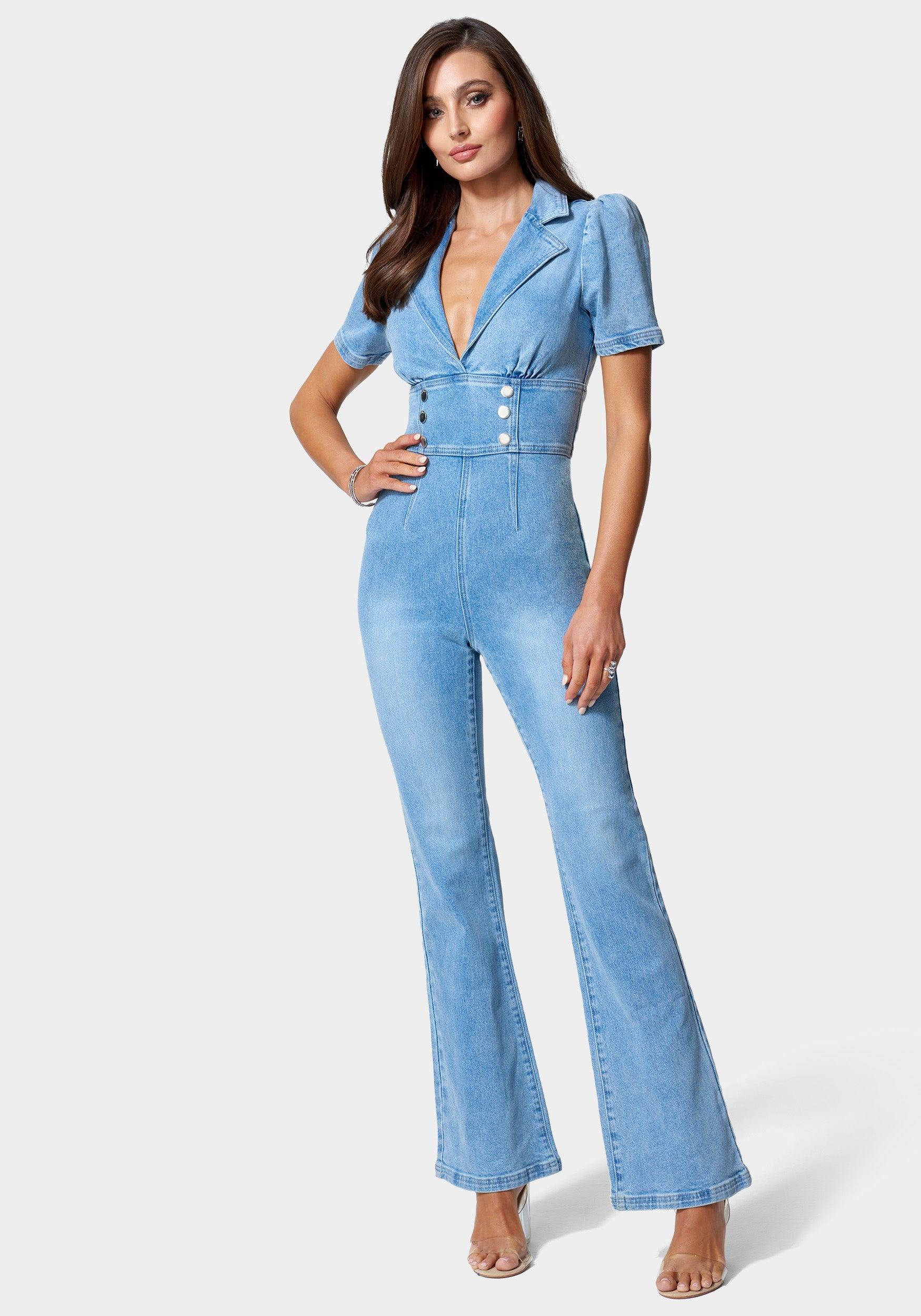 Bebe Short Sleeve Notch Collar Wide Leg Denim Jumpsuit in Blue | Lyst