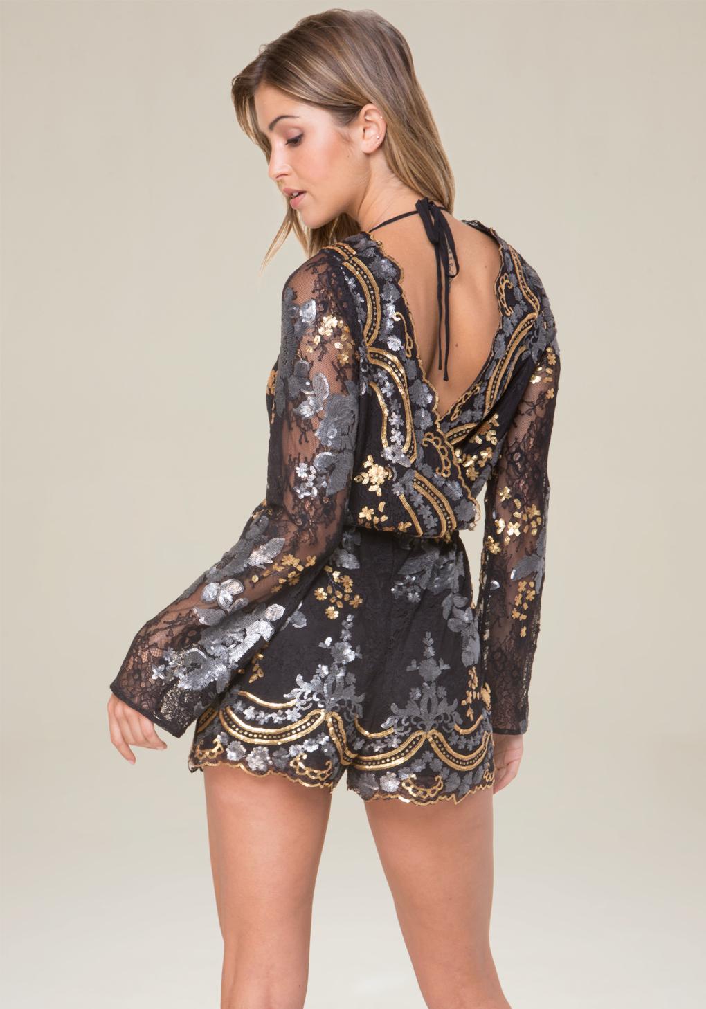 Bebe Sequin Lace Romper - Lyst