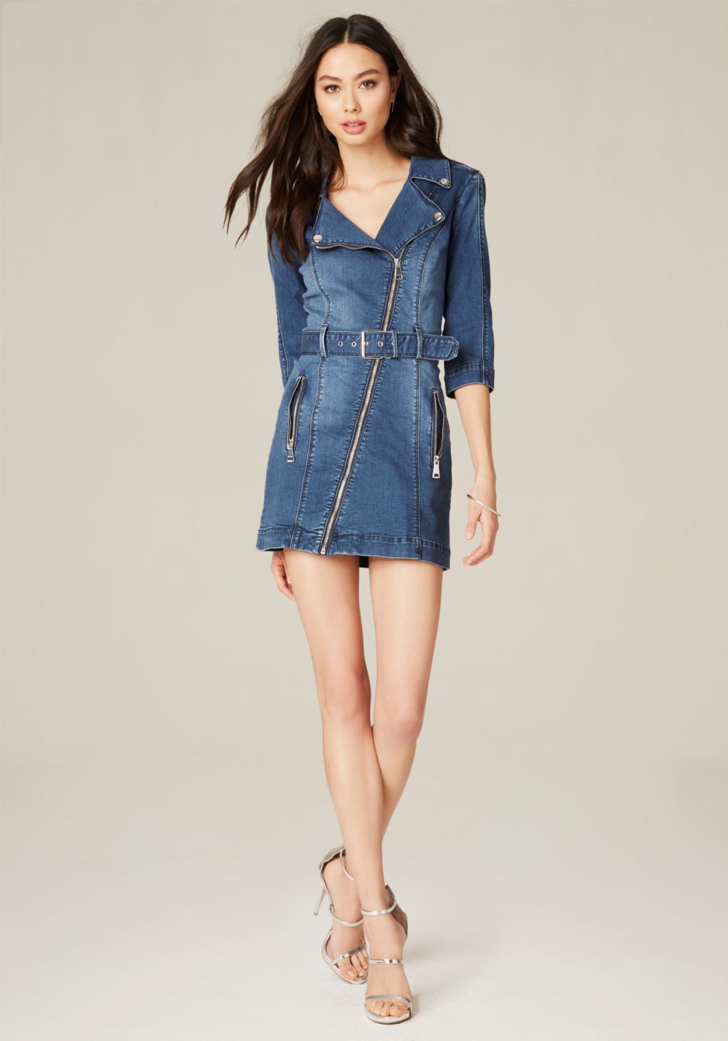 Bebe Denim Moto Dress in Blue | Lyst