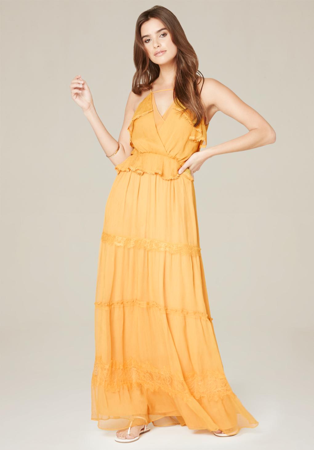 Bebe Ruffle Tiered Maxi Dress in Yellow Lyst