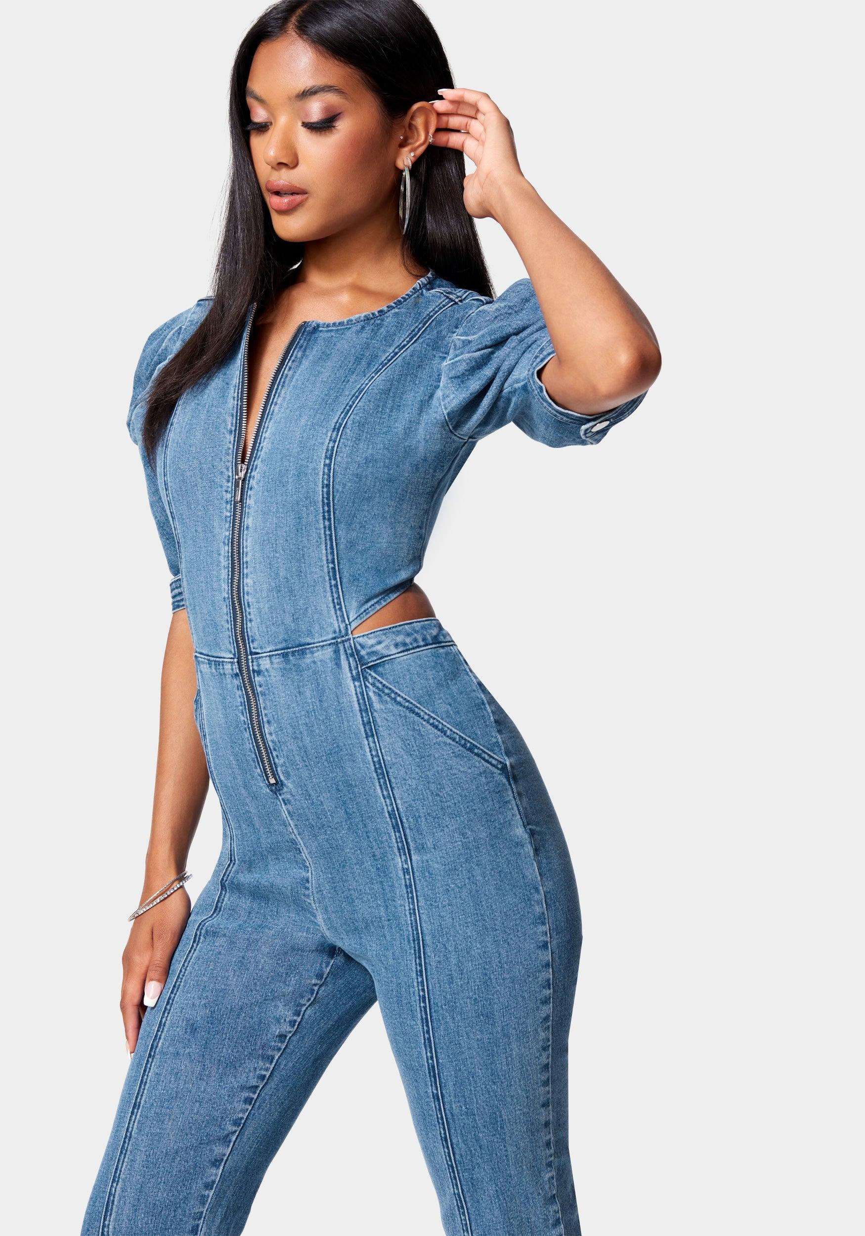 snijden Toevlucht Collega Bebe Front Zip Side Cut Out Straight Leg Denim Jumpsuit in Blue | Lyst