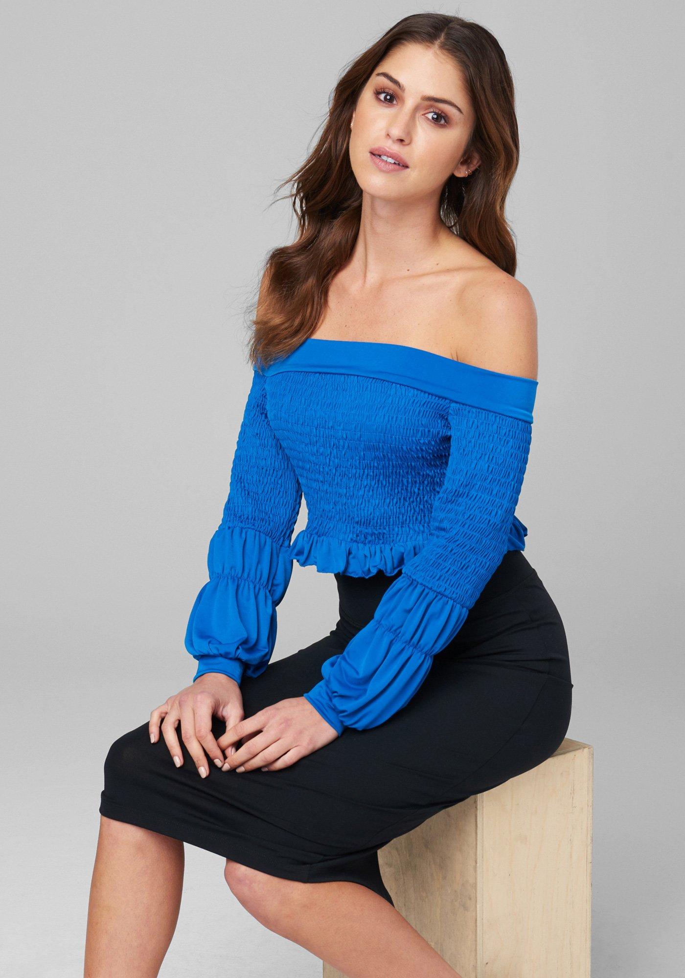 Bebe Synthetic Jade Smocked Top In Blue Lyst