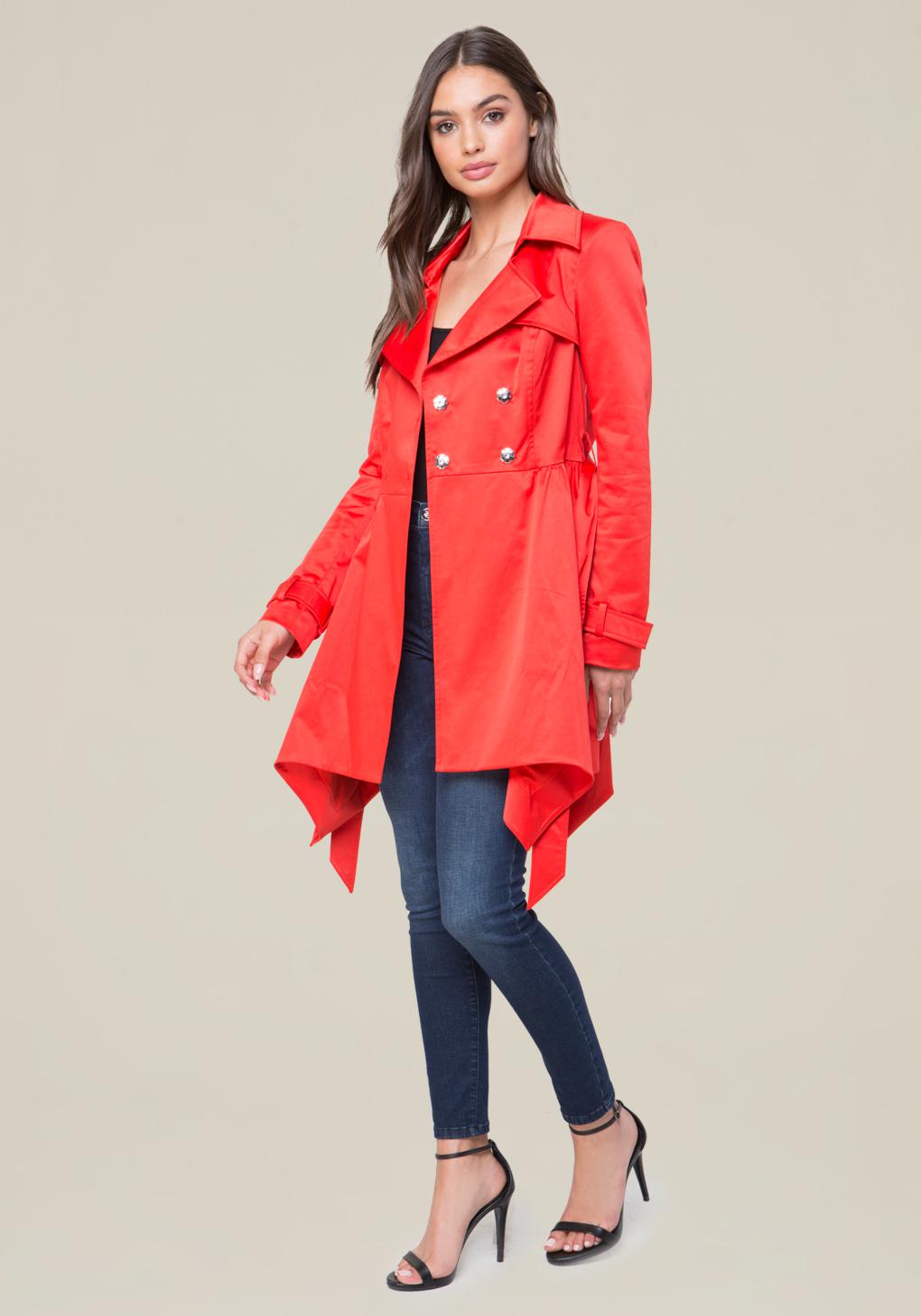 Bebe Cotton Shine Trench Coat In Red Lyst Bebe Cotton Shine Trench Coat In Red Lyst