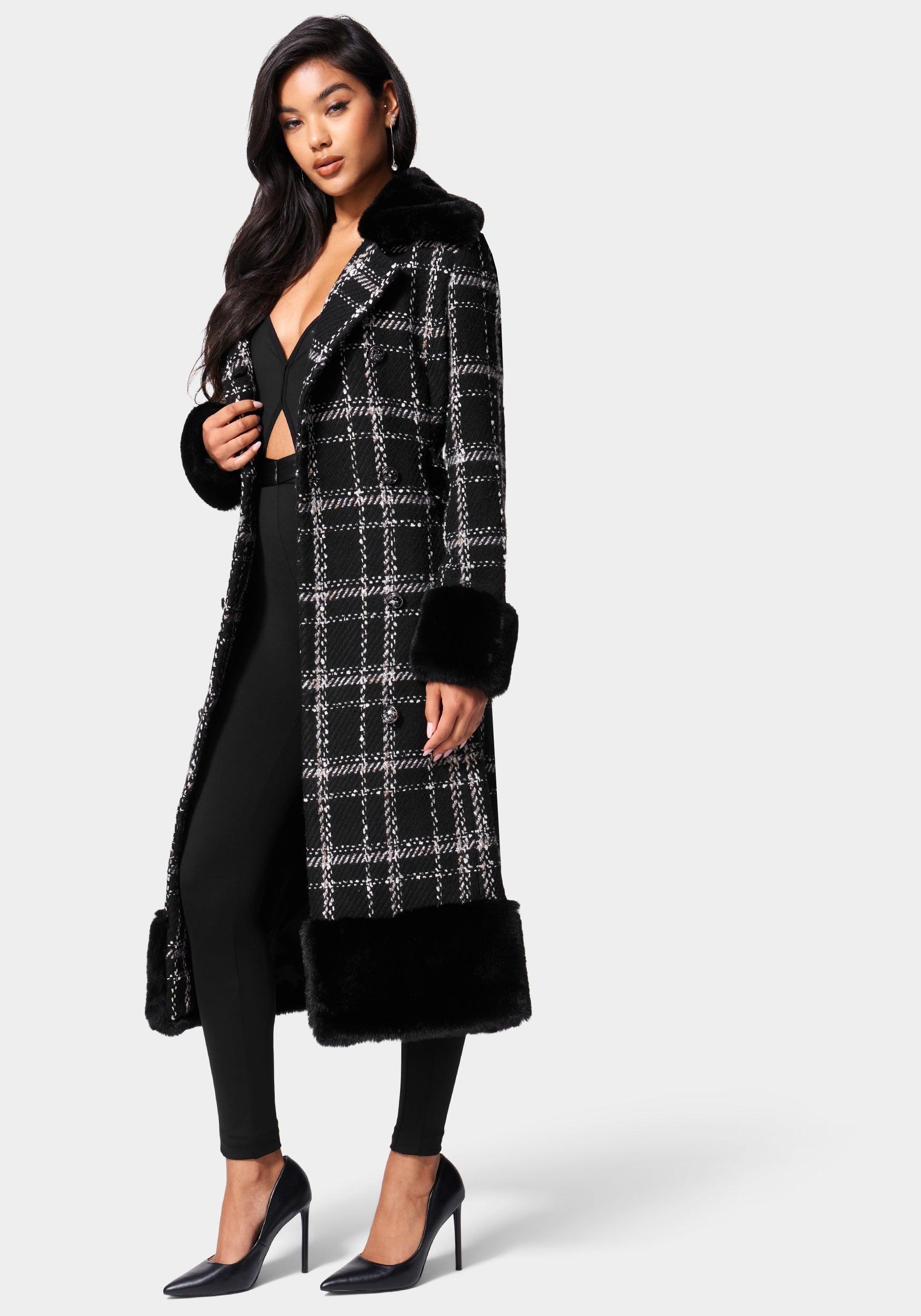 Bebe Wool Blended Fur Trim Double Breasted Coat in Black | Lyst