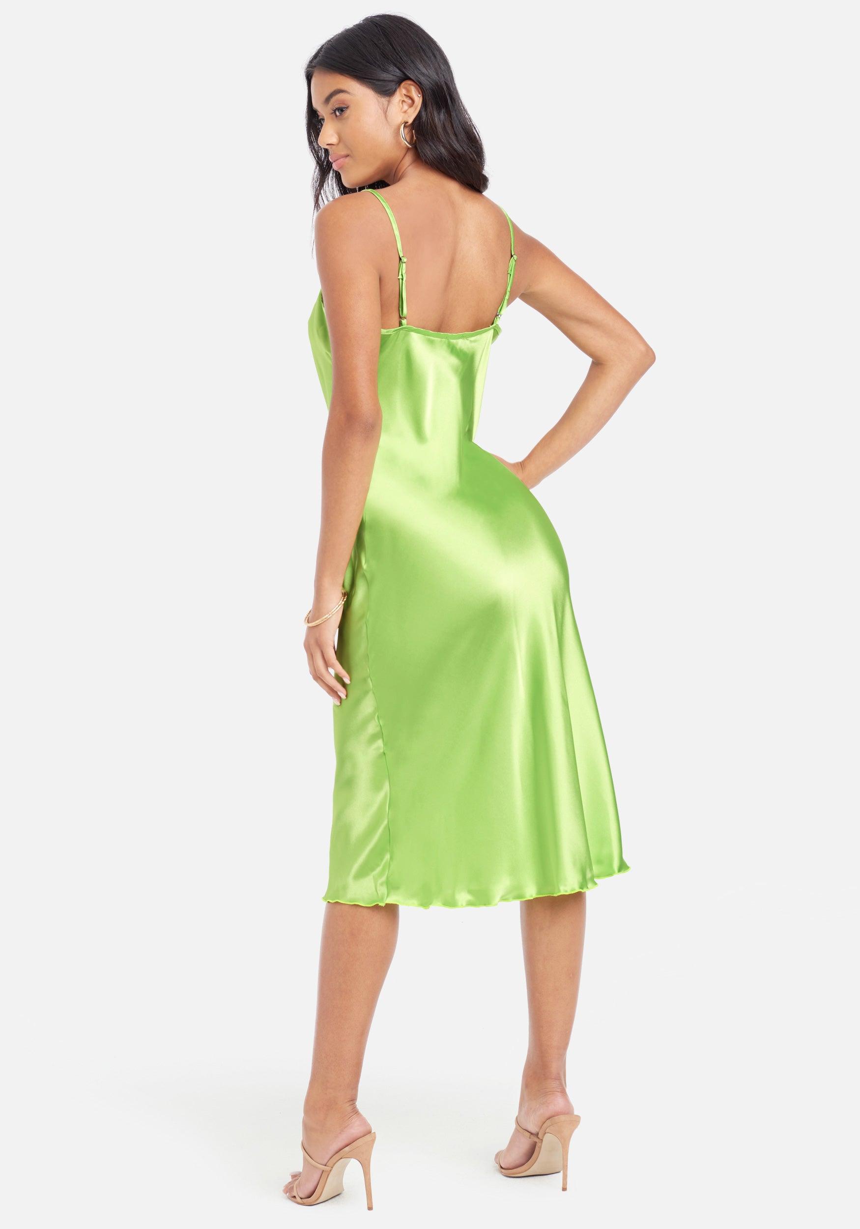 Bebe Satin Cowl Neck Slip Midi Dress In Lime Green Lyst