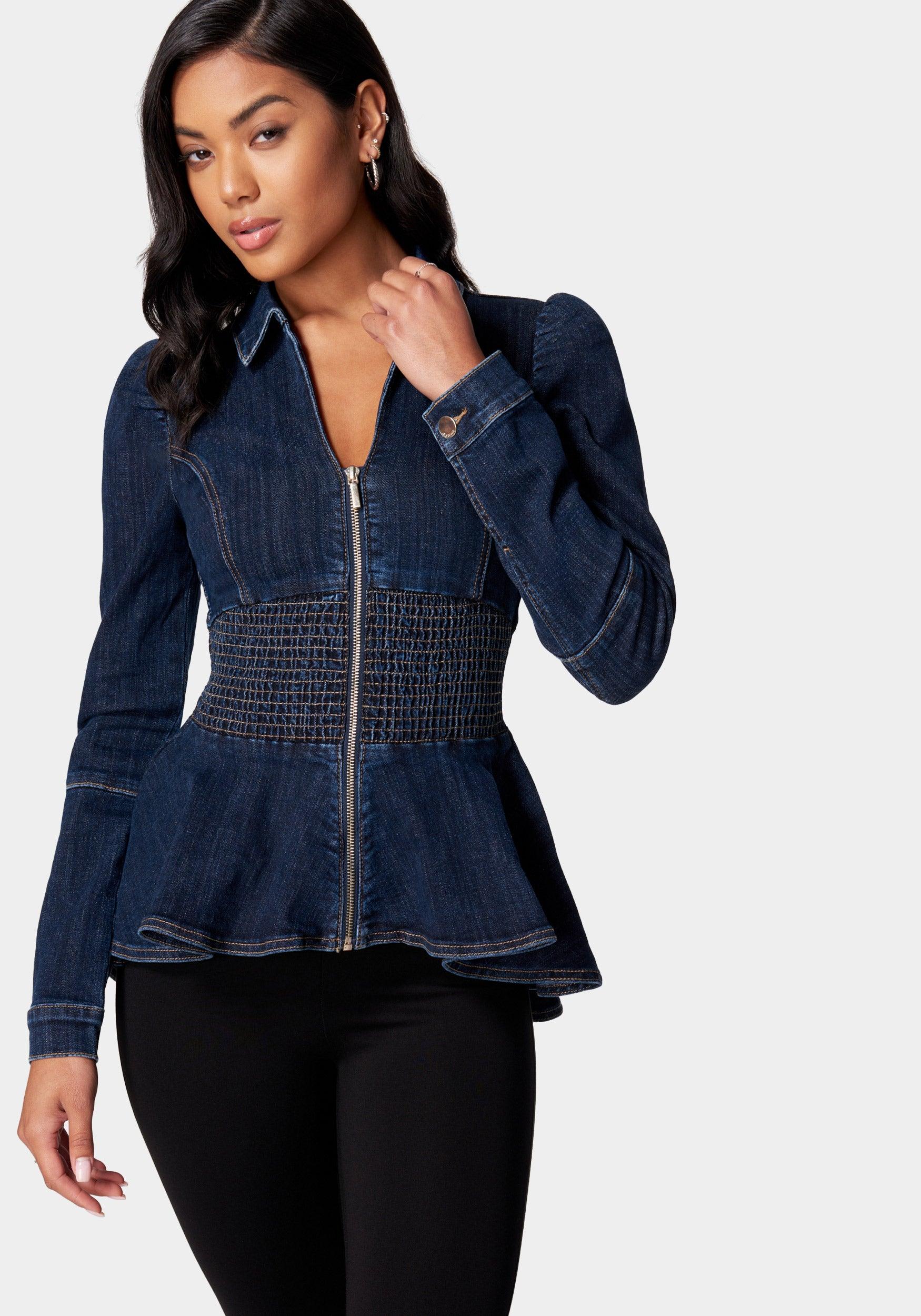 Bebe Smocked Waist Front Zip Denim Jacket in Blue Lyst