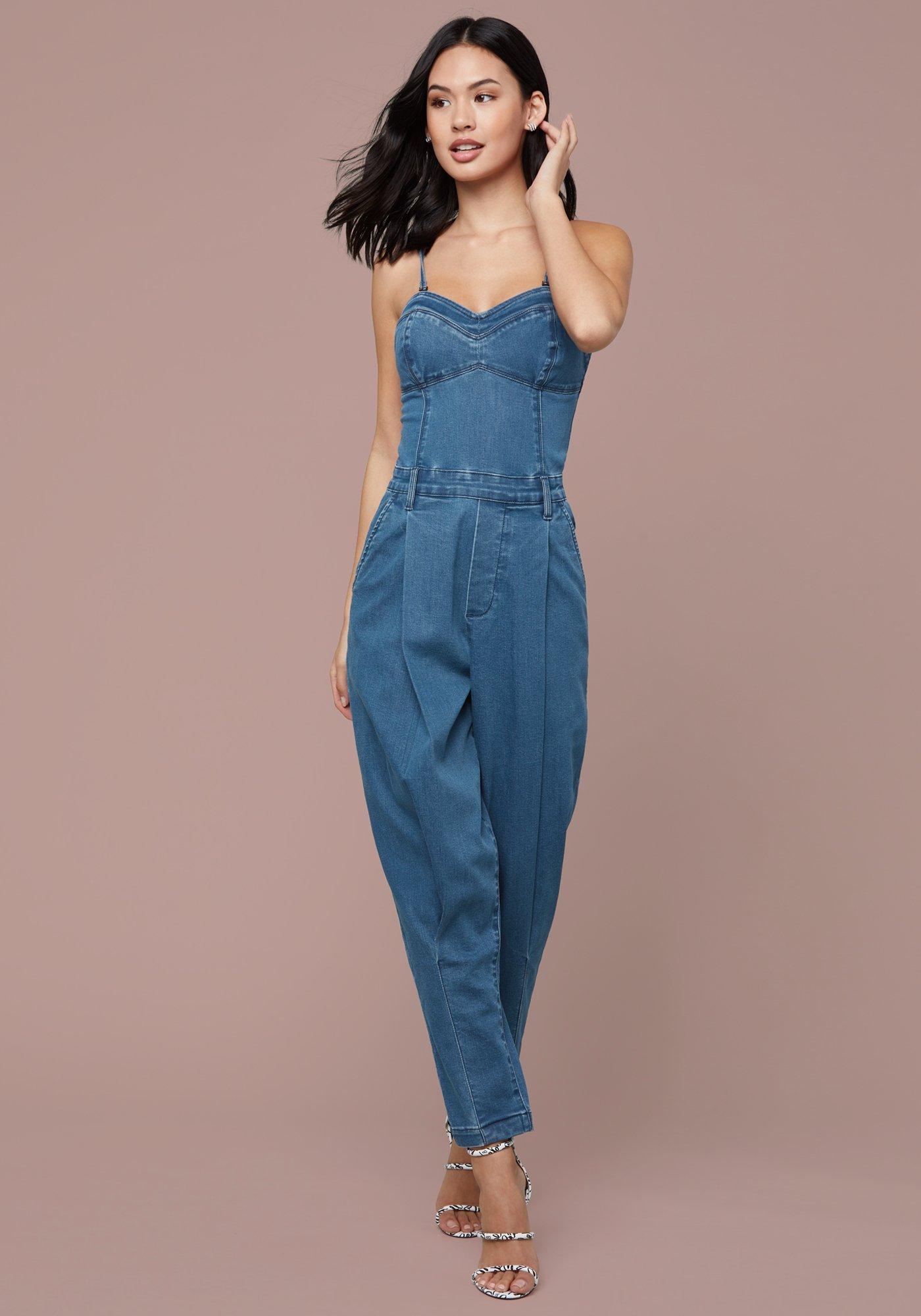 Bebe Denim Bustier Jumpsuit in Blue | Lyst