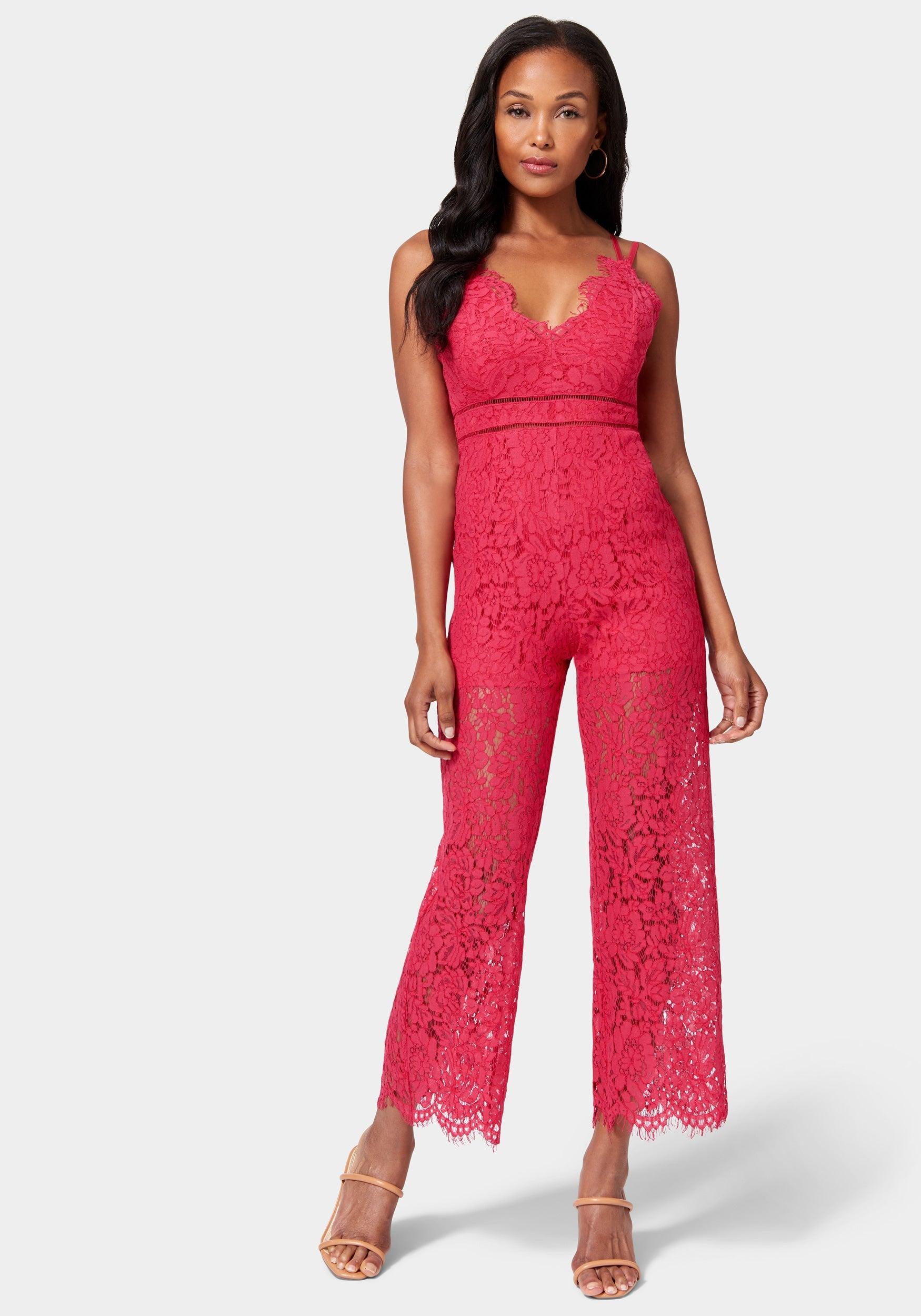 Bebe Strappy Back Lace Jumpsuit in Red 
