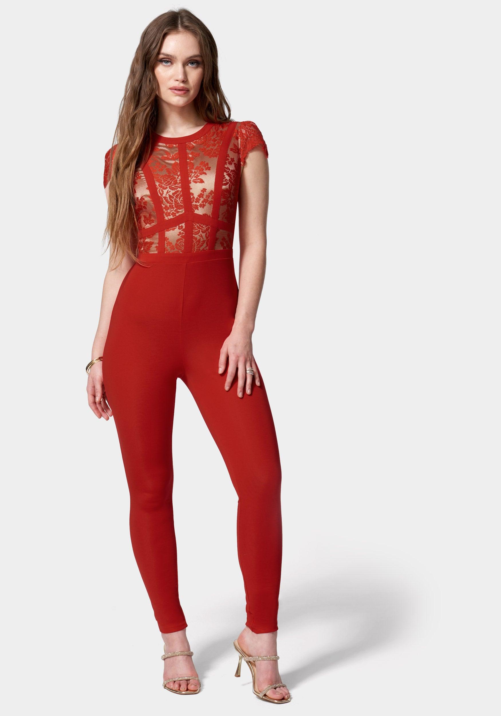 Bebe Caged Lace Catsuit in Red | Lyst