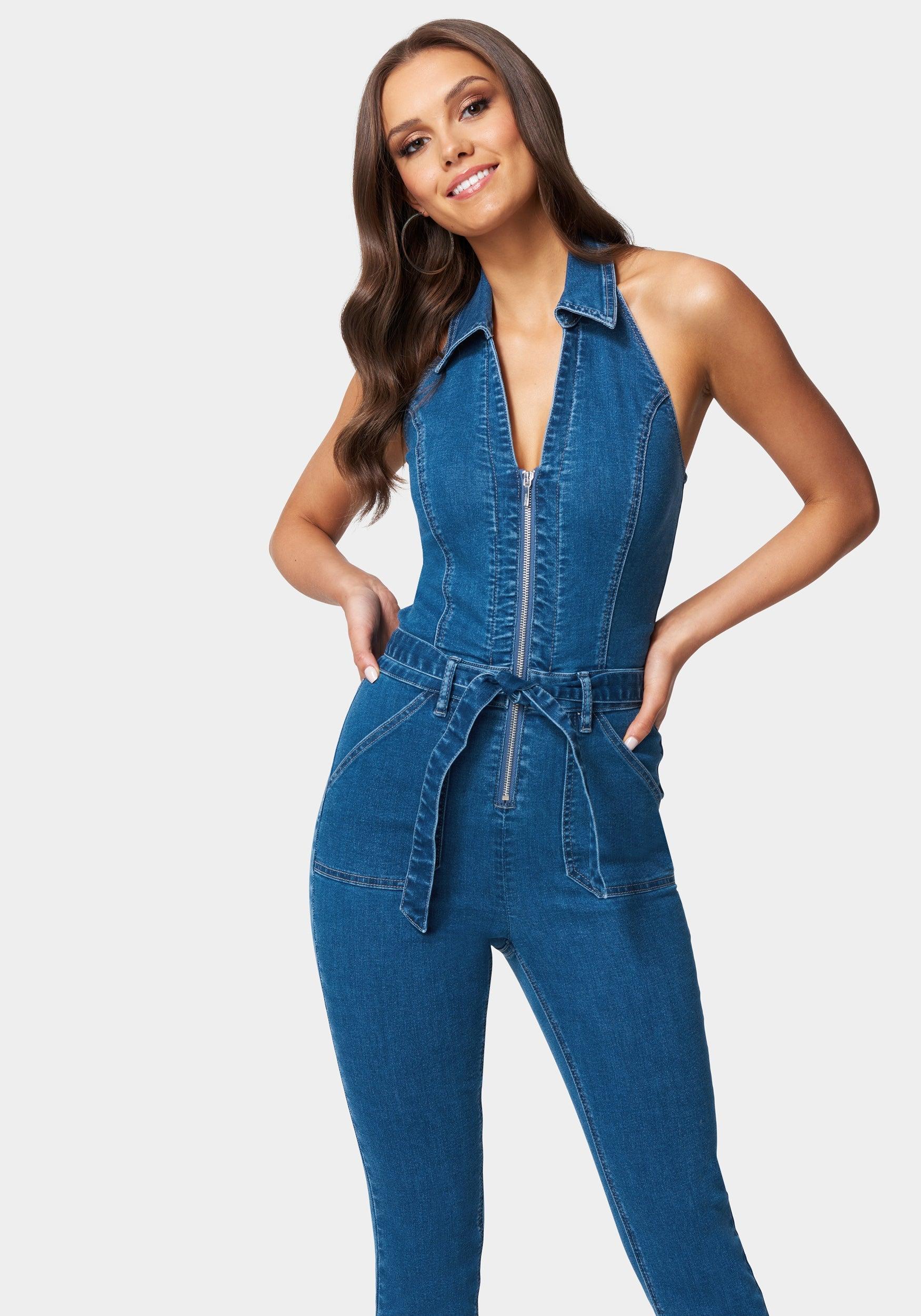 Bebe Halter Neck Zip-up Denim Jumpsuit in Blue | Lyst