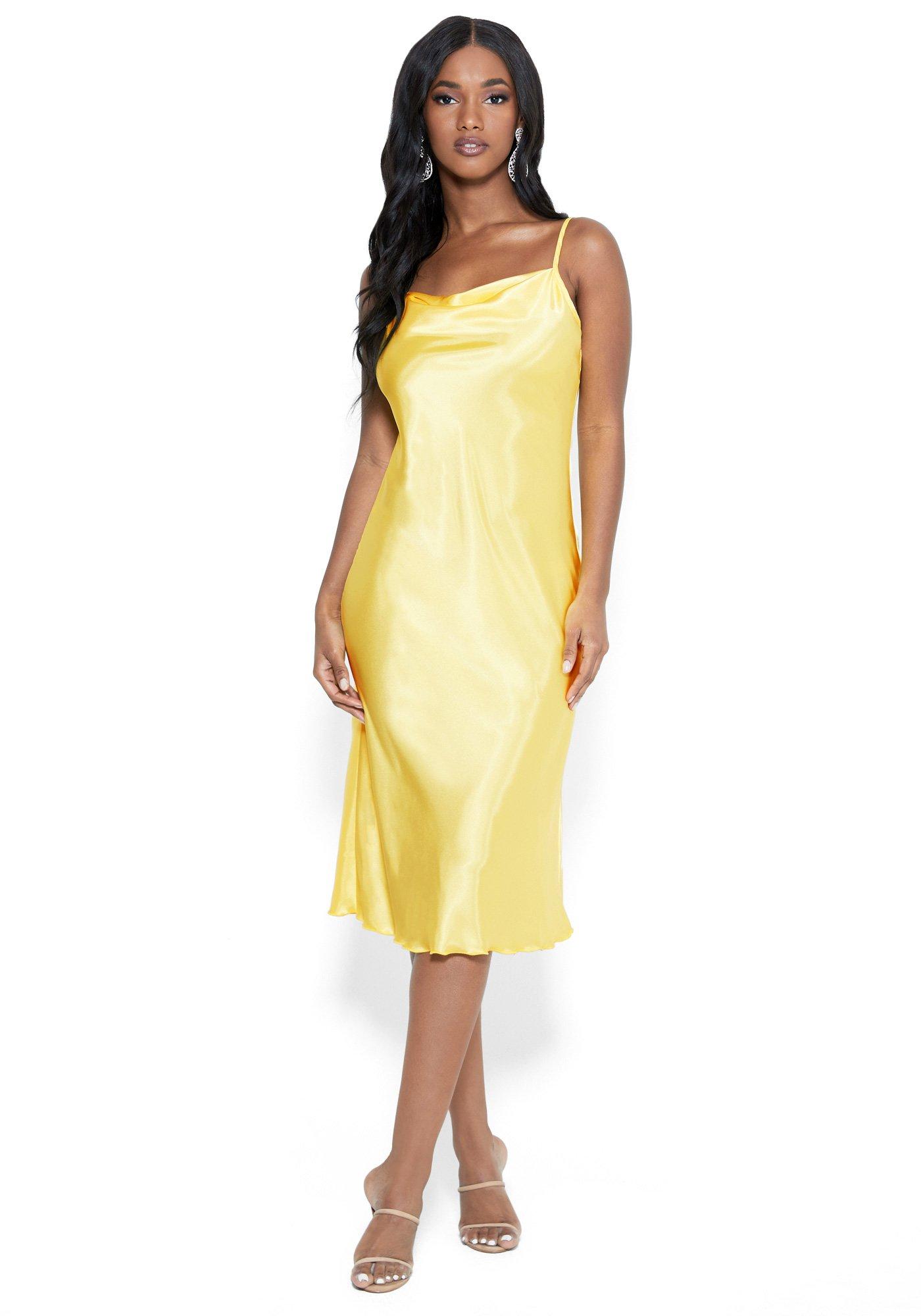 Bebe Satin Cowl Neck Slip Midi Dress in Yellow Lyst