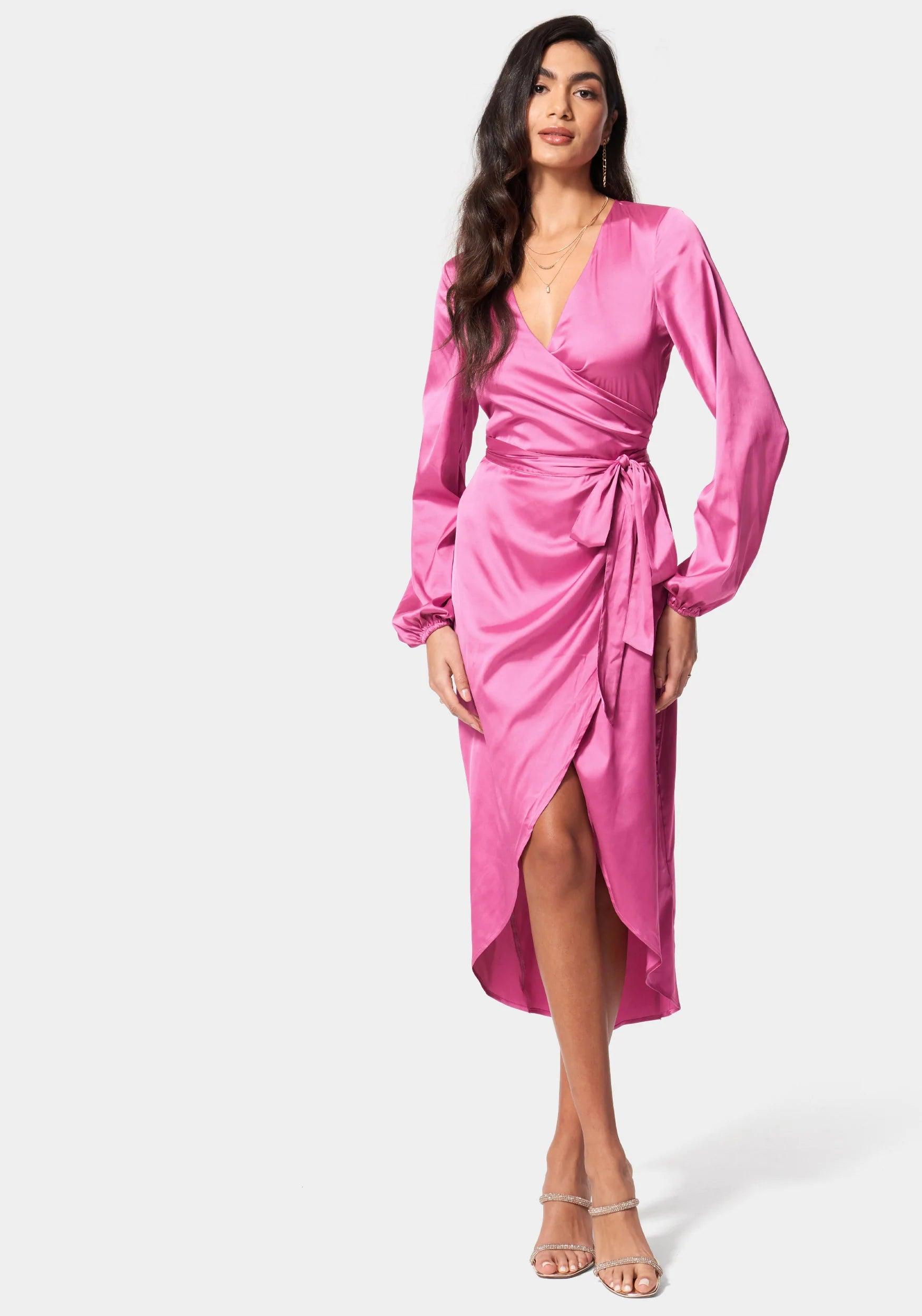 Bebe Satin Wrap High Low Dress in Pink | Lyst