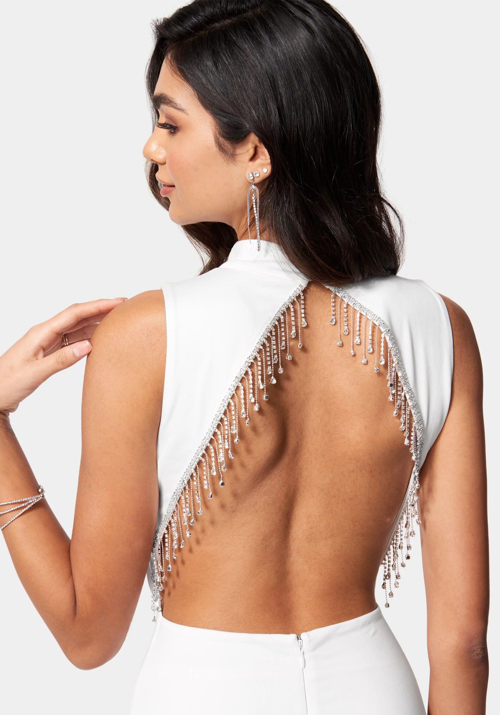 Bebe Crystal Fringe Open Back Mini Dress in White | Lyst
