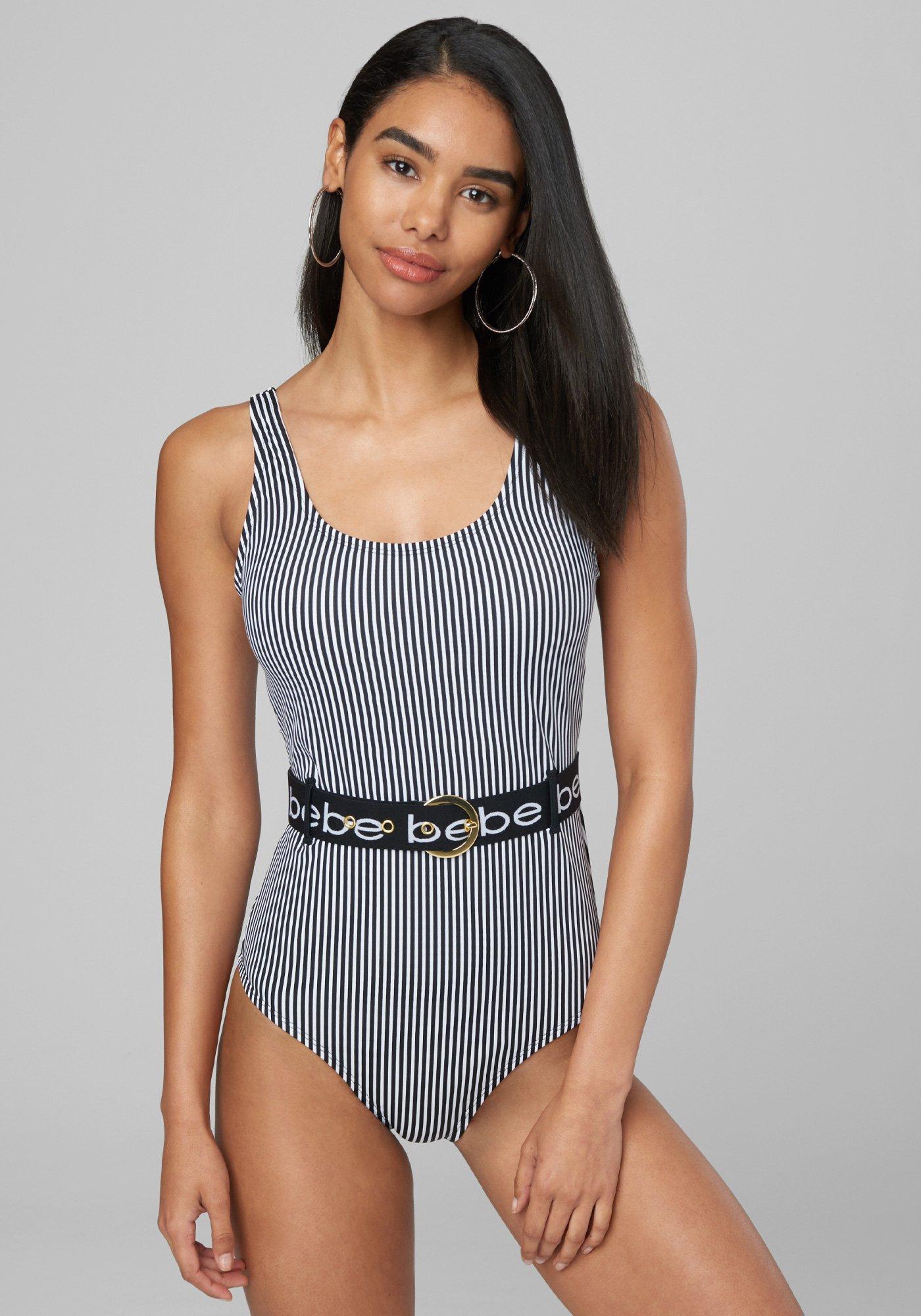 Bebe Logo Belt Striped Swimsuit In Black White Black Lyst Bebe Logo Belt Striped Swimsuit In Black White Black Lyst