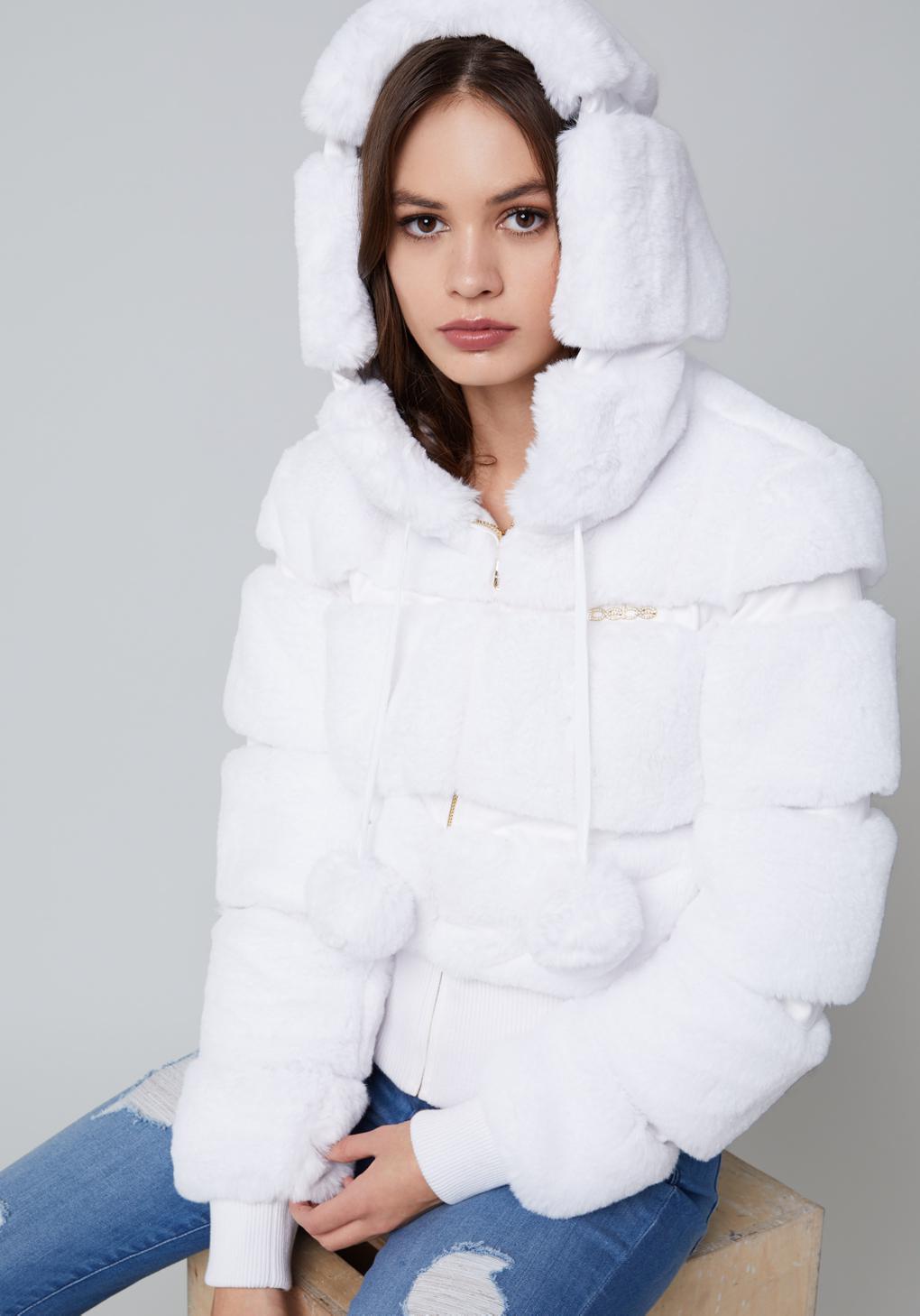 Bebe Logo Pieced Faux Fur Jacket in White | Lyst