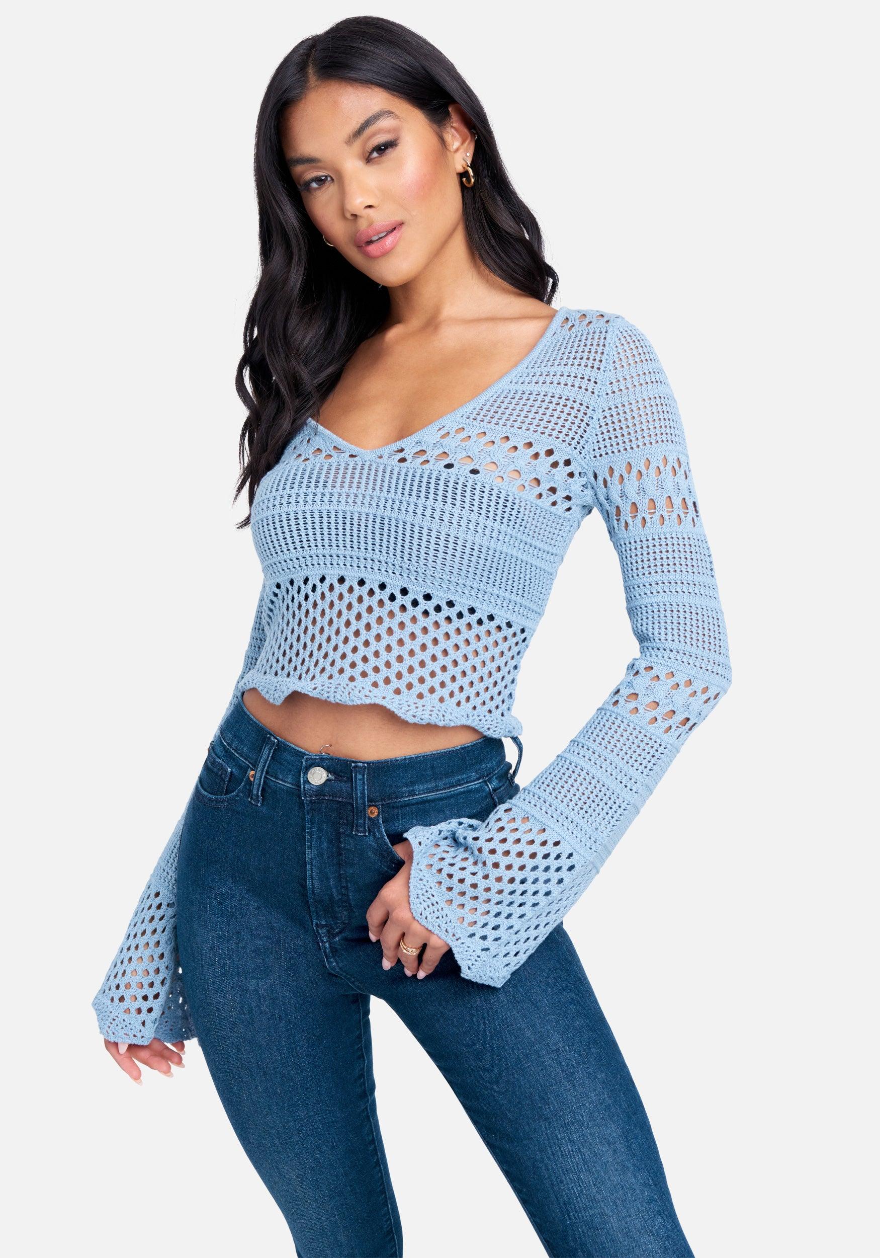 Bebe Bell Sleeve Scallop Hem Crochet Top in Blue | Lyst