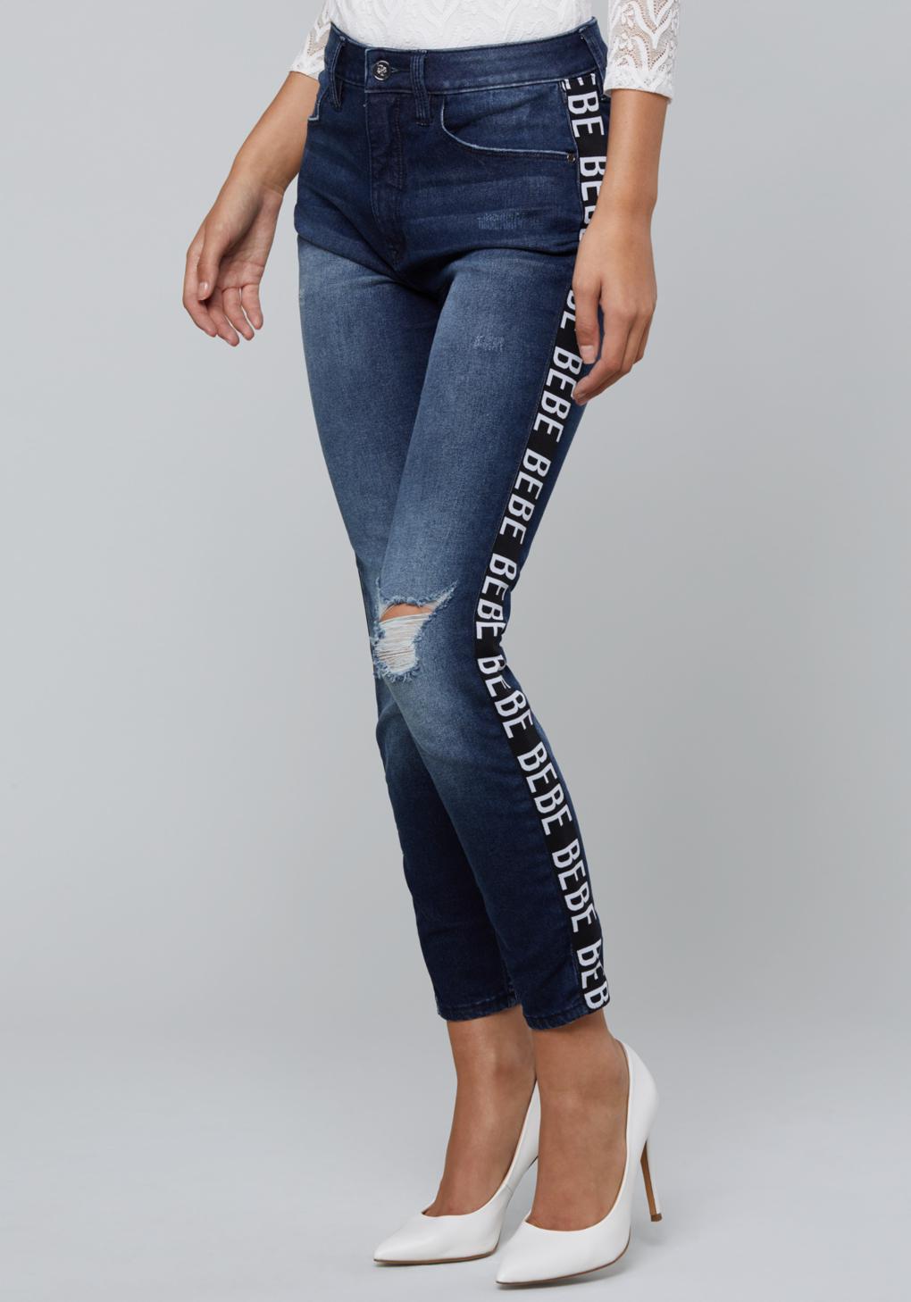 Bebe Denim Logo Stripe Crop Jeans in Blue - Lyst