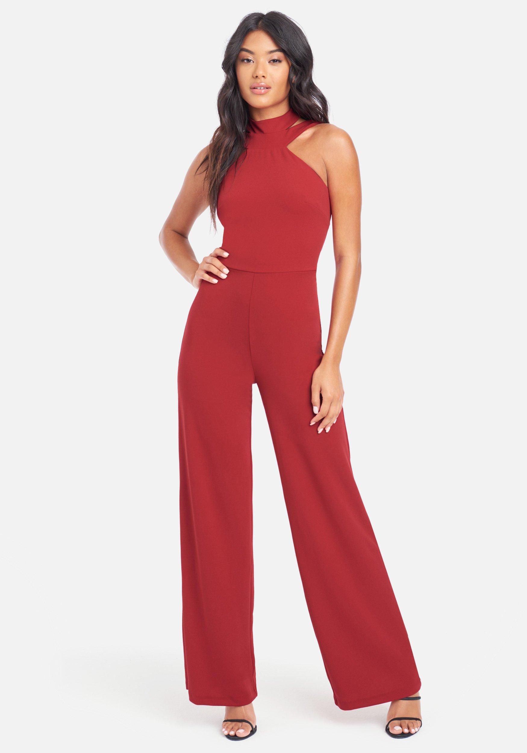 Womens Clothing Jumpsuits and rompers Full-length jumpsuits and rompers Bebe Synthetic Knit Crepe Cascade Wide Leg Jumpsuit 