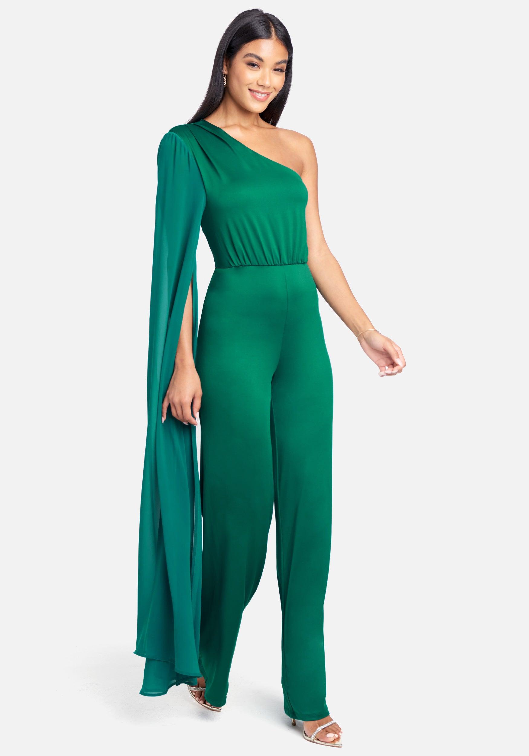 Bebe One Cape Sleeve Jumpsuit in Green | Lyst