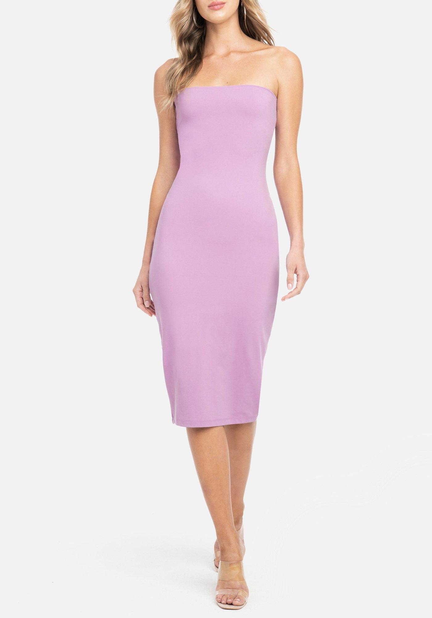 Bebe Synthetic Strapless Tube Midi Luxe Dress In Pastel Purple Purple Lyst