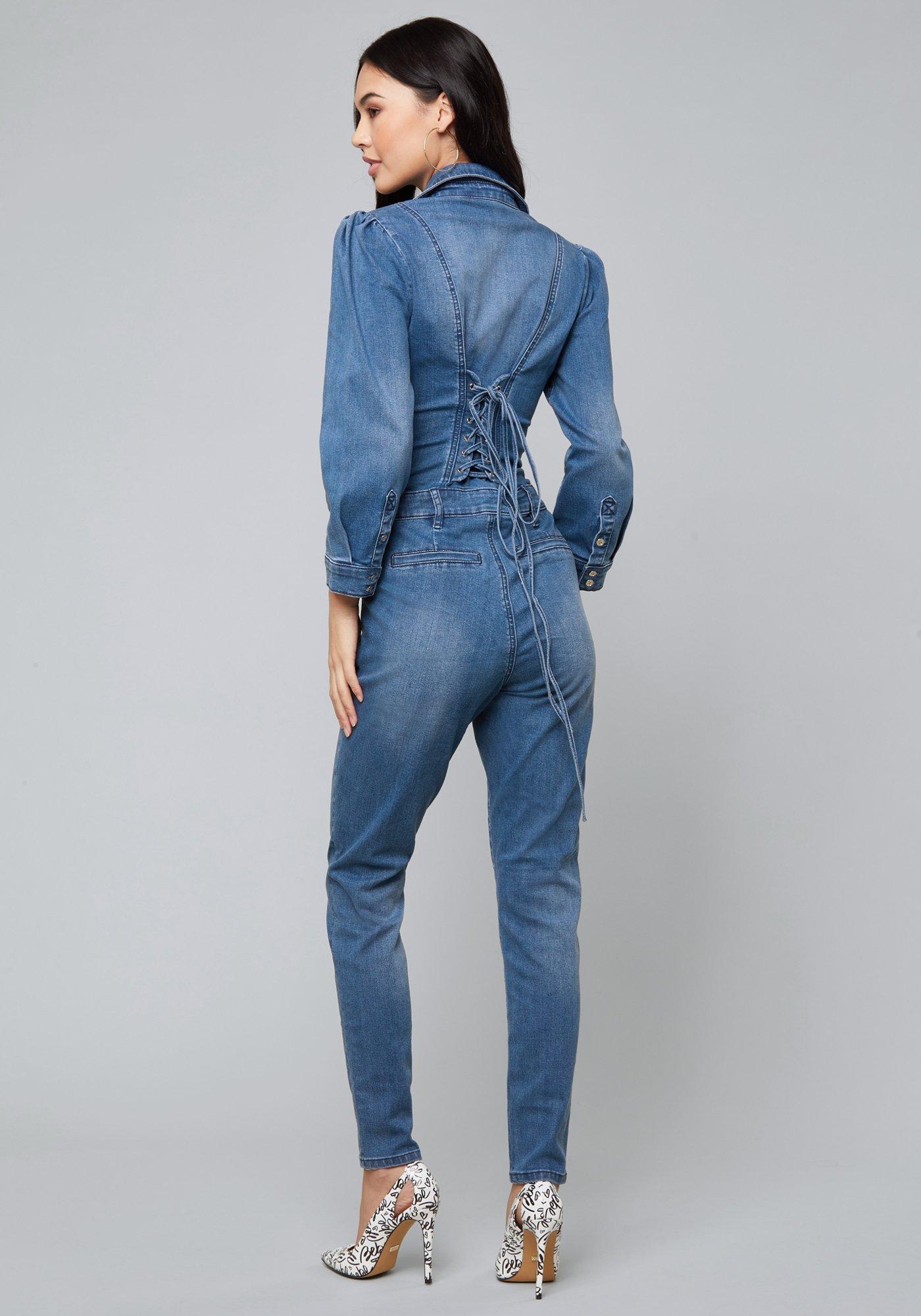 puff sleeve denim jumpsuit