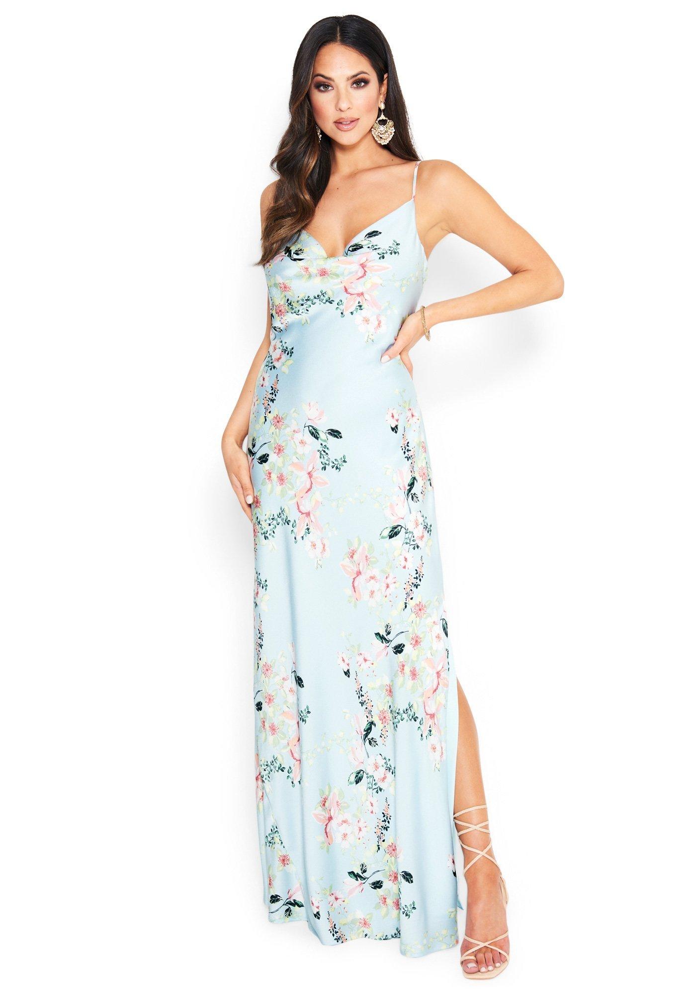 Bebe Synthetic Printed Cowl Neck Midi Slip Dress in Blue - Lyst