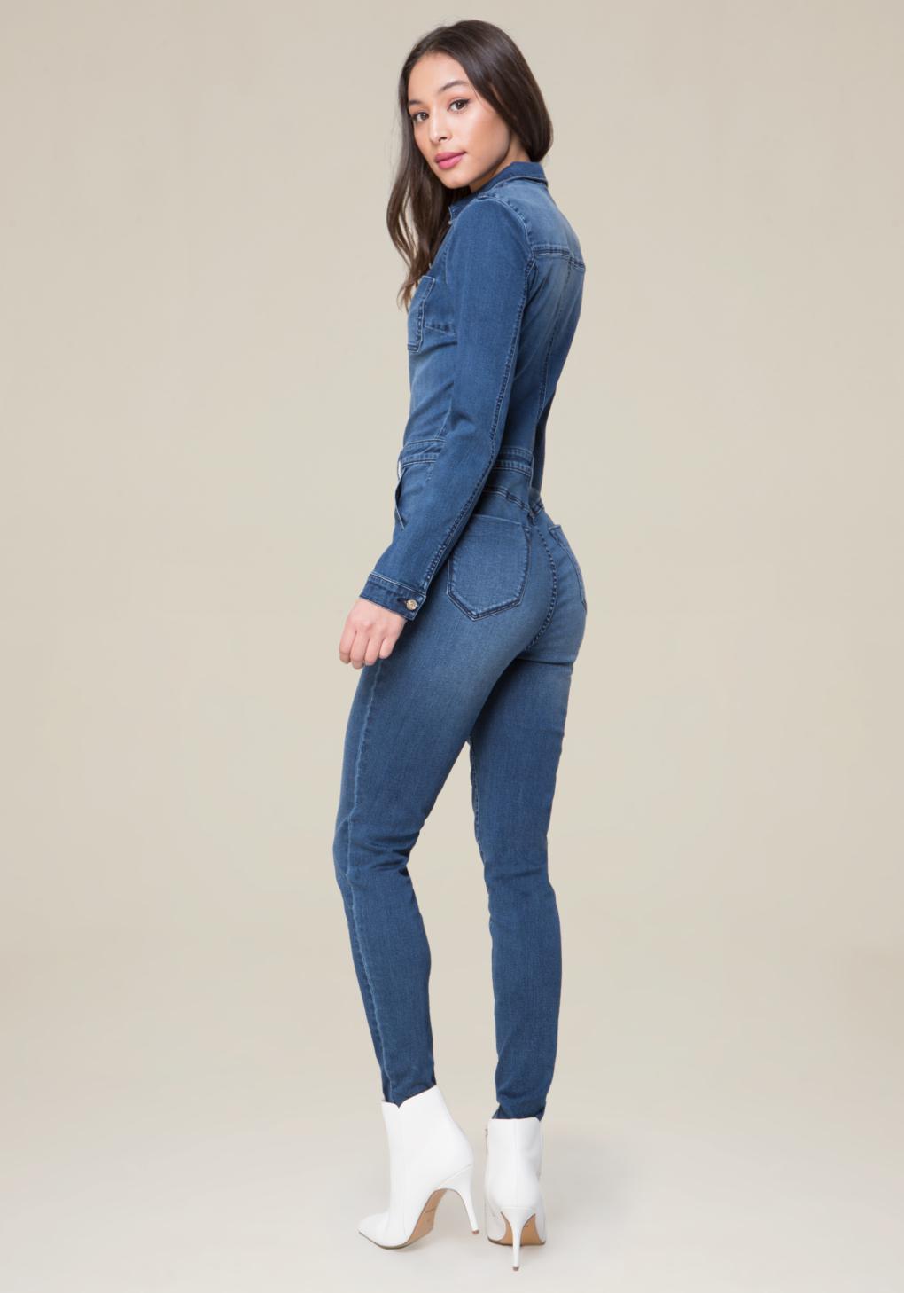 bebe denim jumpsuit