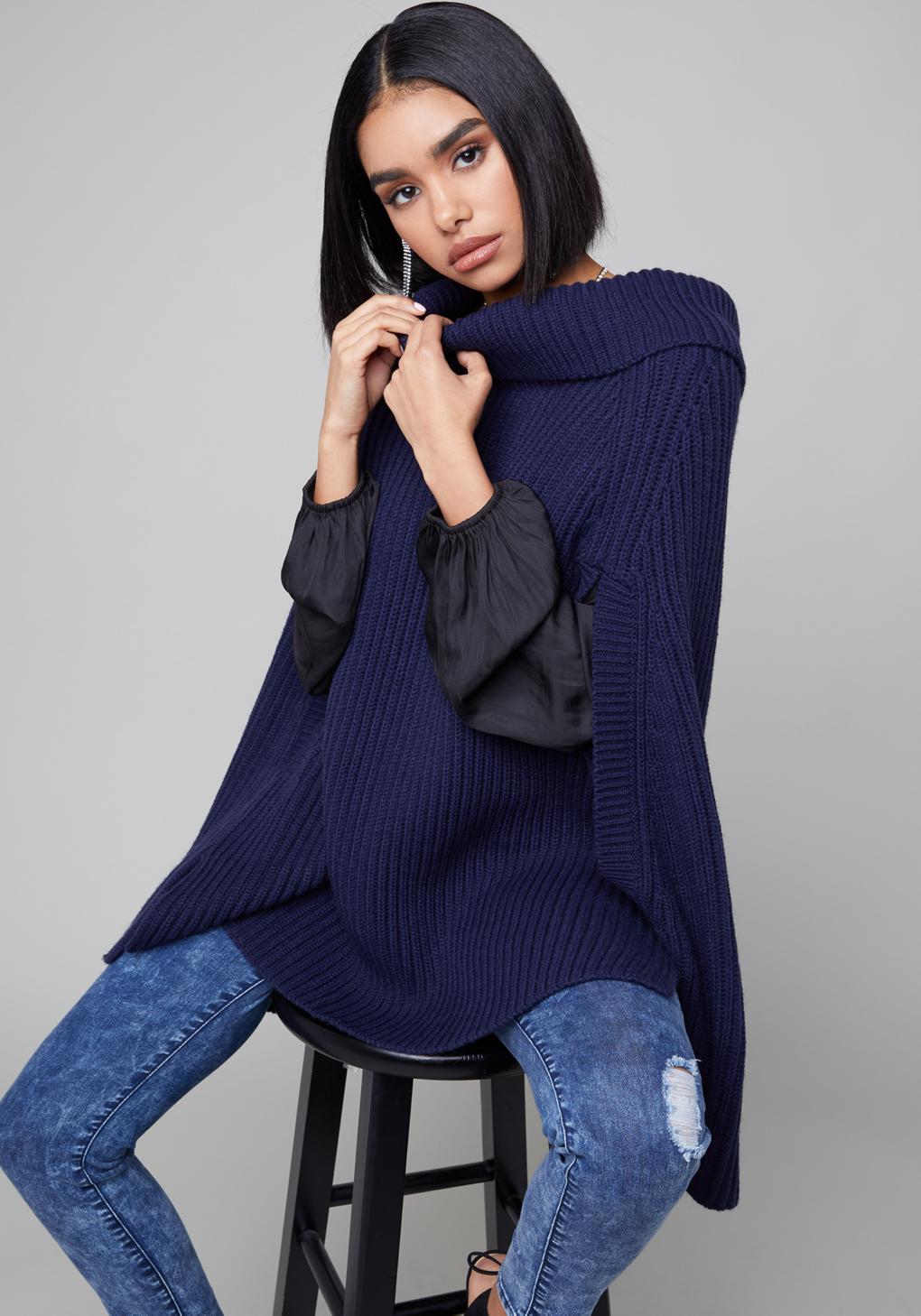 Bebe Synthetic Soulie Poncho Sweater In Blue Lyst
