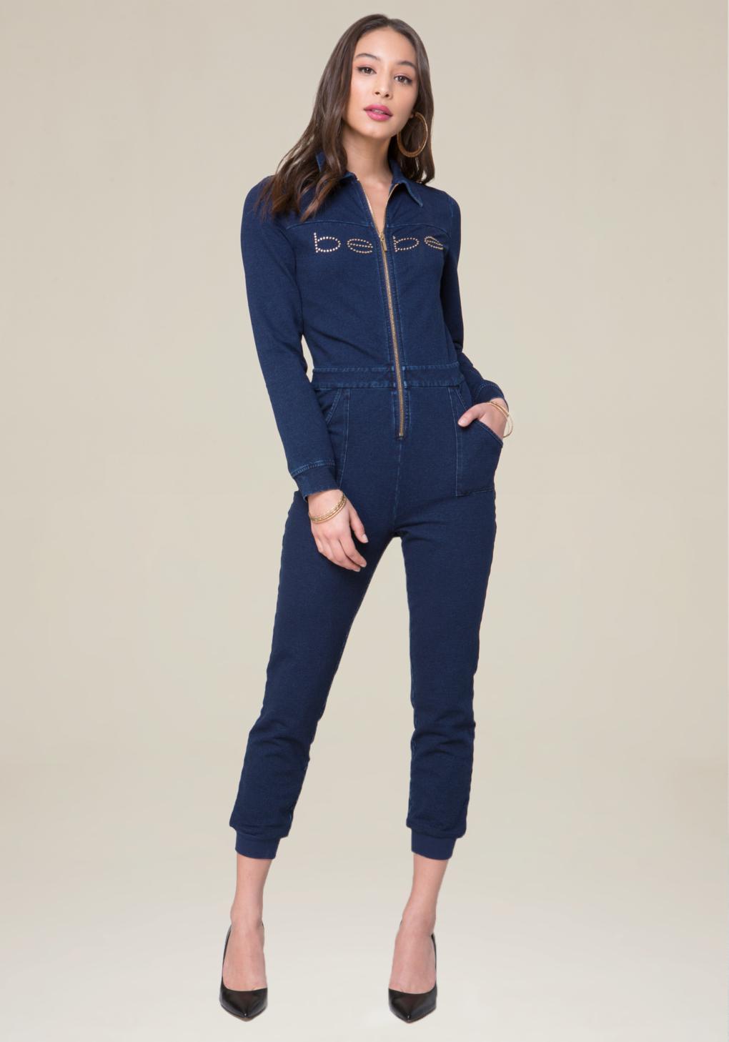 bebe denim jumpsuit