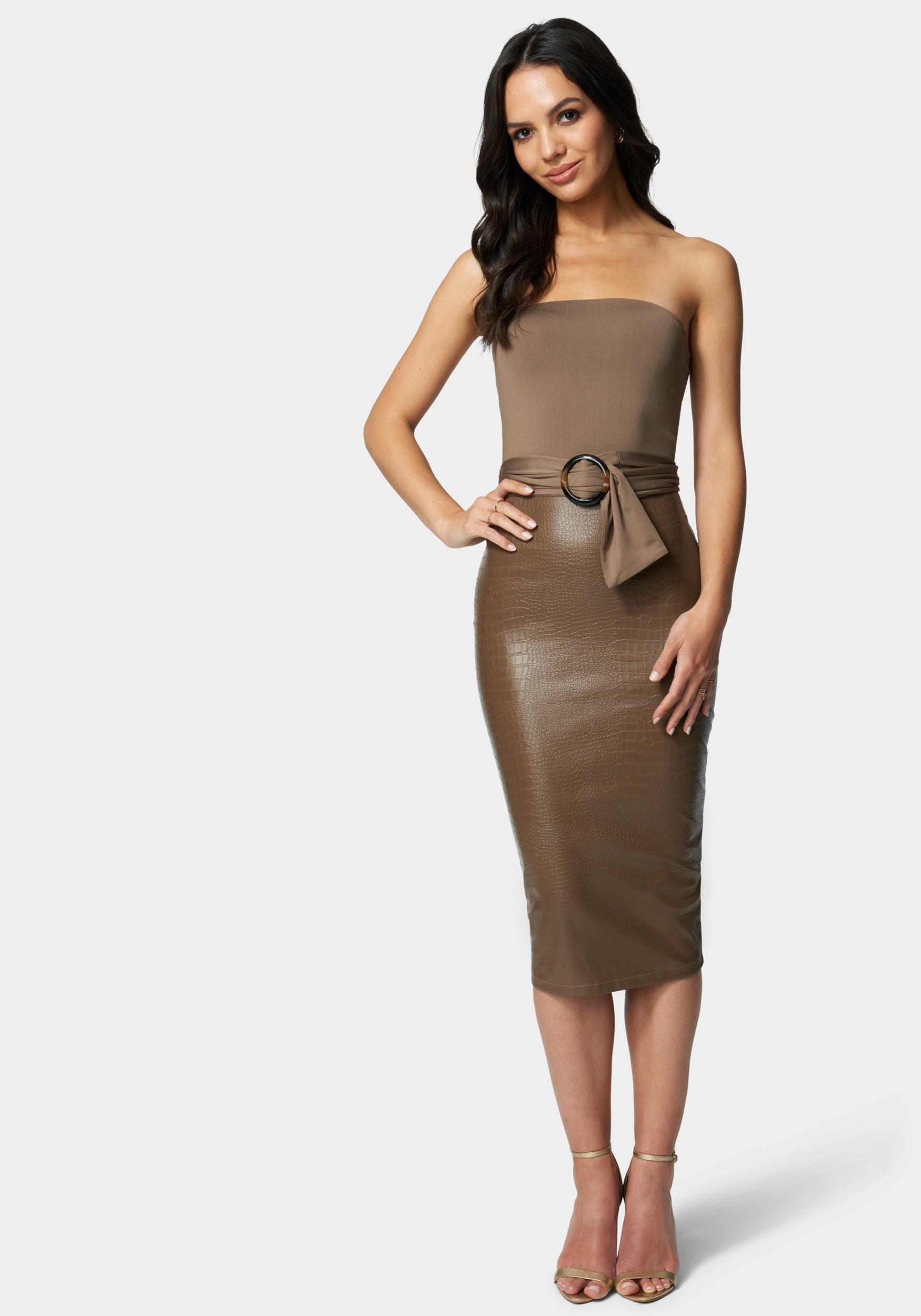 Bebe Vegan Leather Belted Strapless Midi Dress Lyst