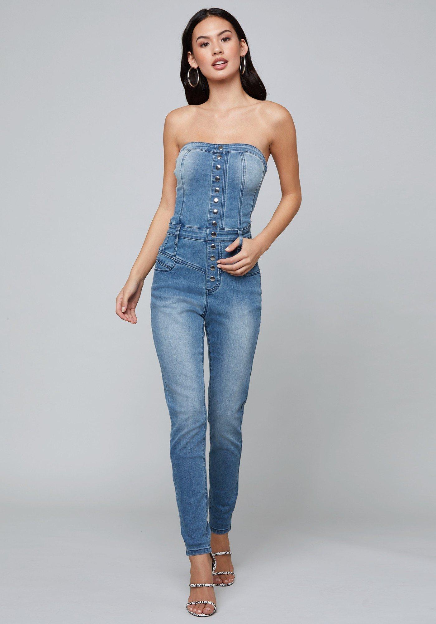 Bebe Denim Strapless Jumpsuit in Blue | Lyst Canada