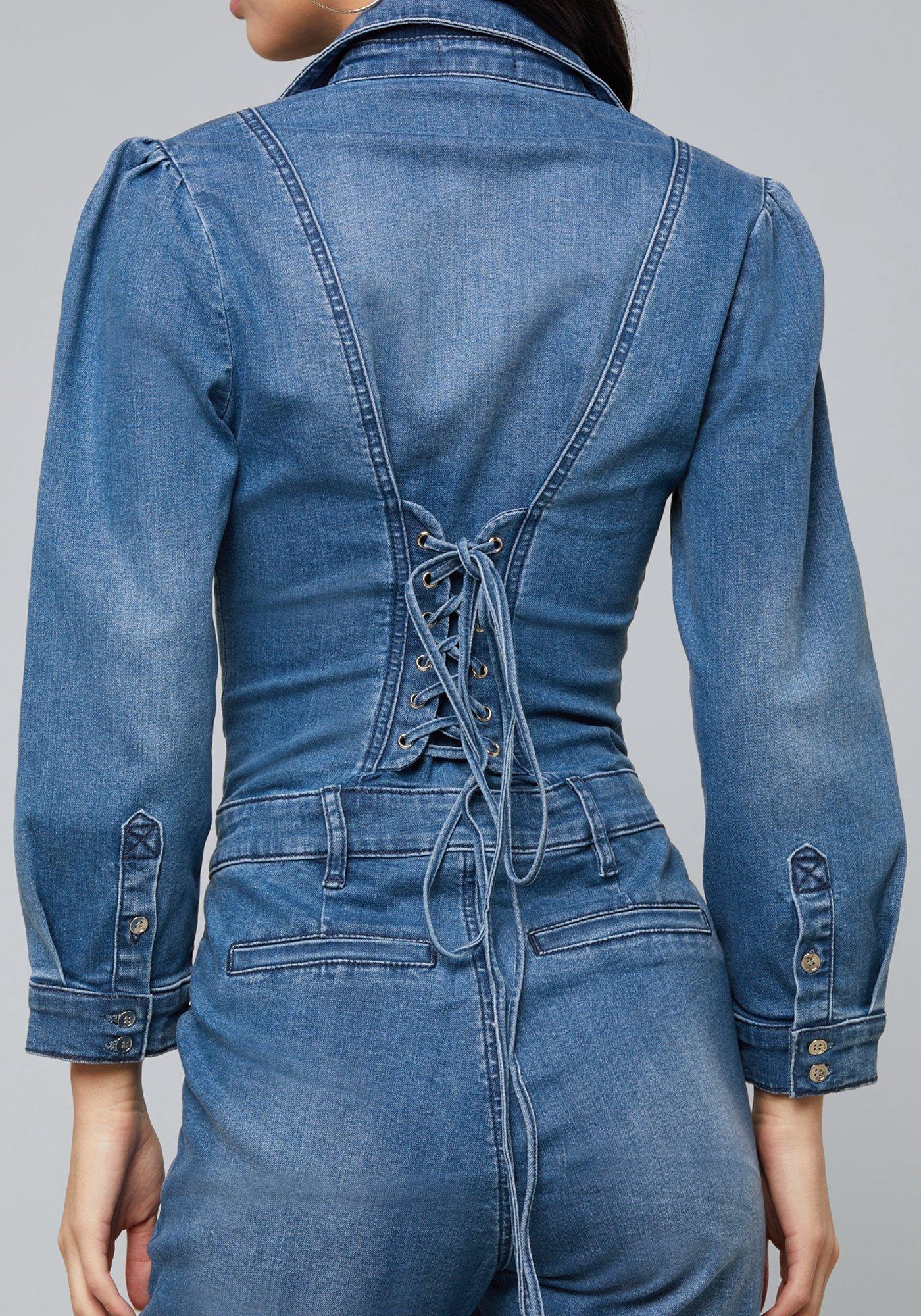 puff sleeve denim jumpsuit