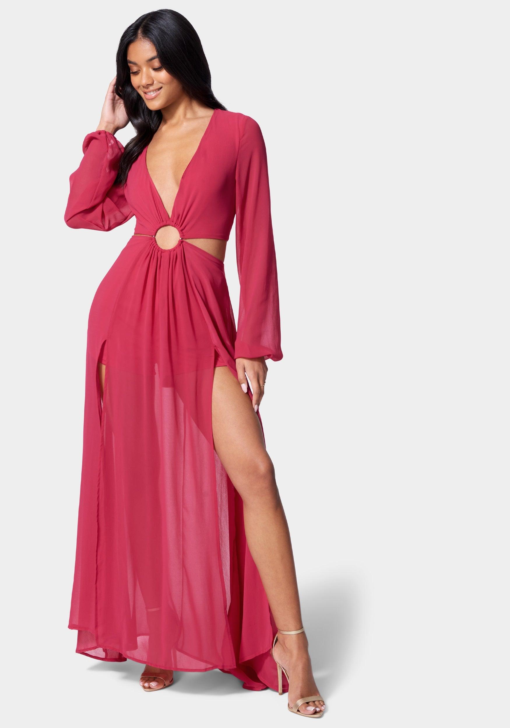 Bebe Chiffon Plunging O Ring Detail Maxi Dress In Red Lyst