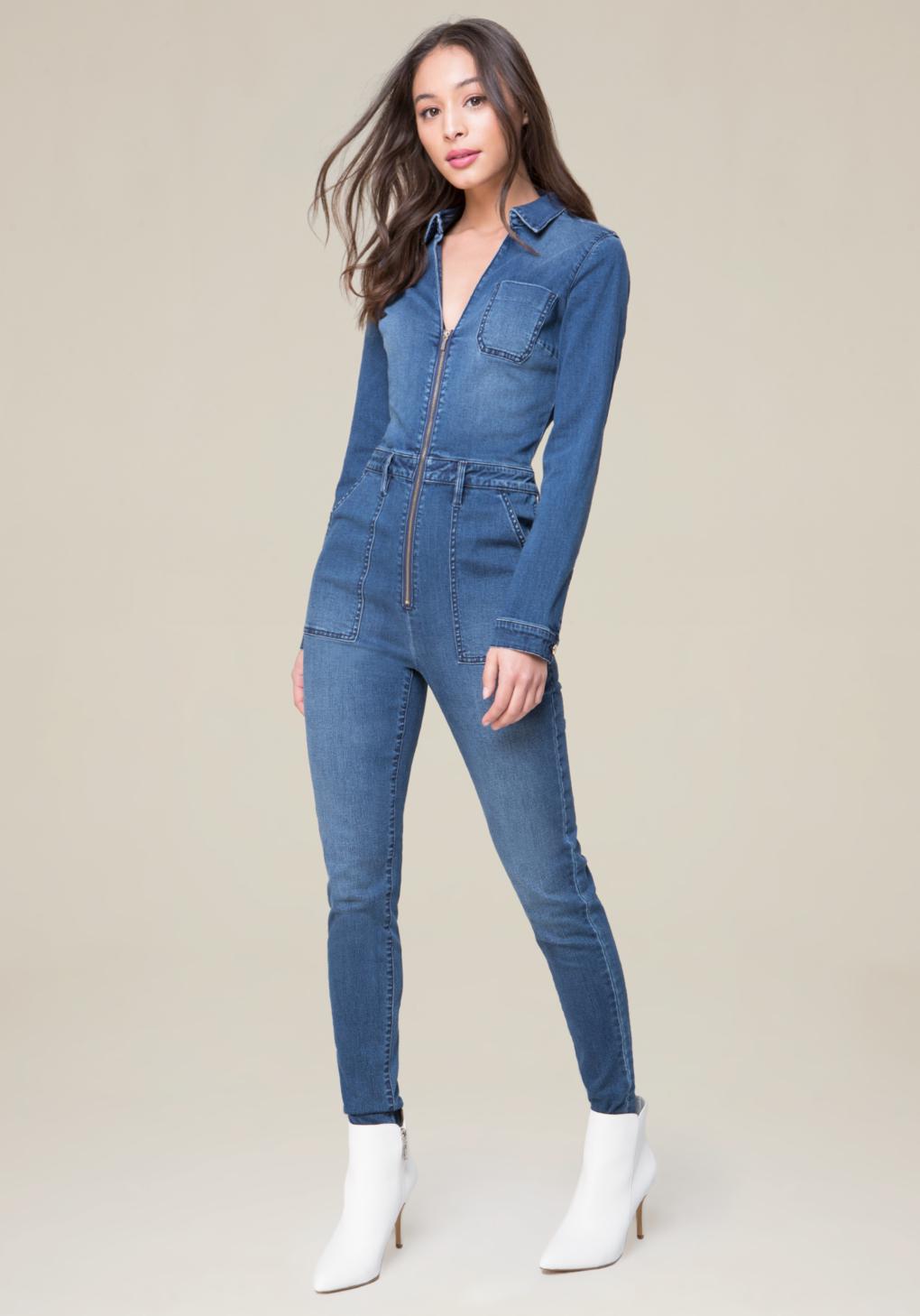 bebe denim jumpsuit