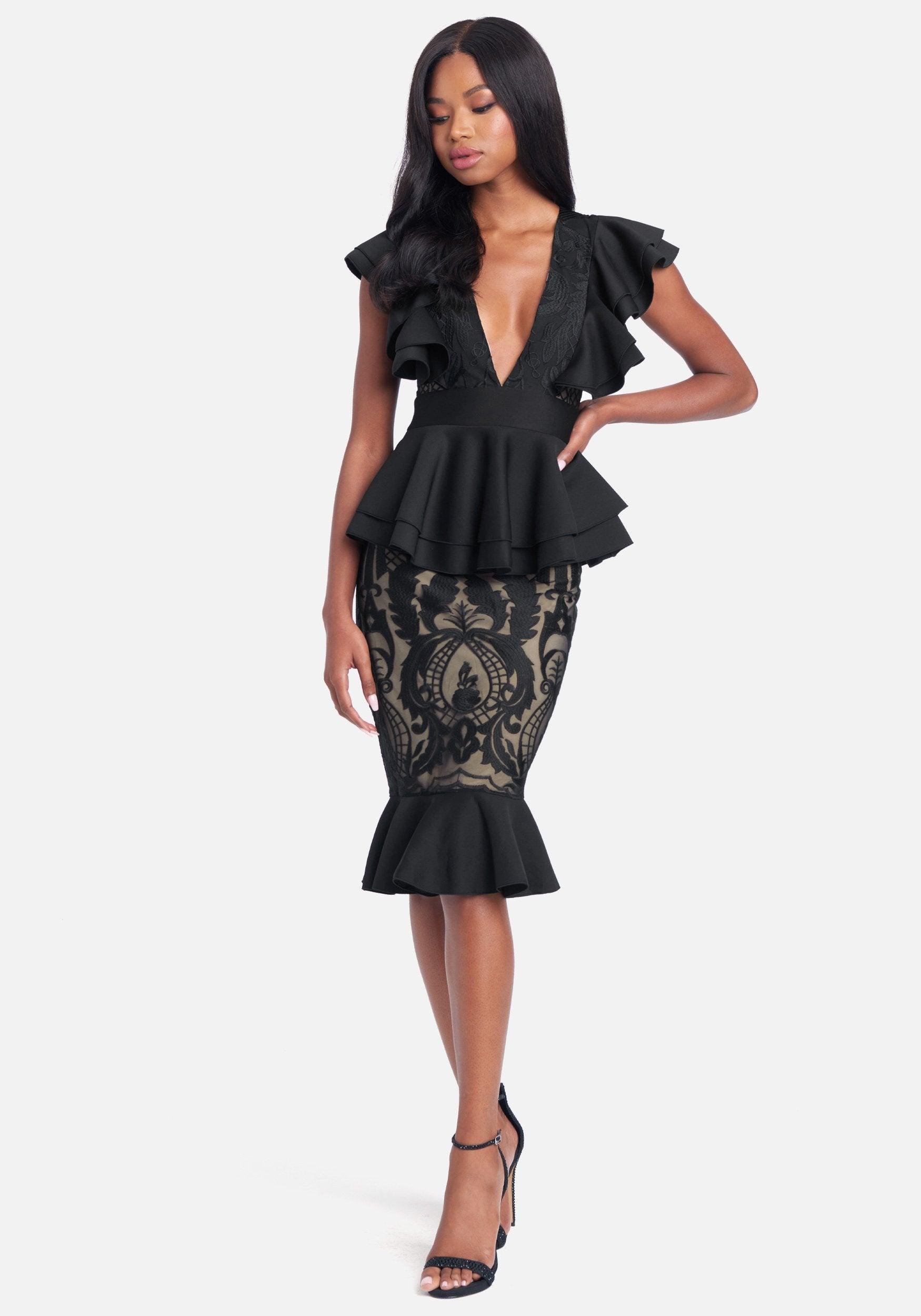 Bebe Ruffle Peplum Lace Pencil Dress in Black | Lyst