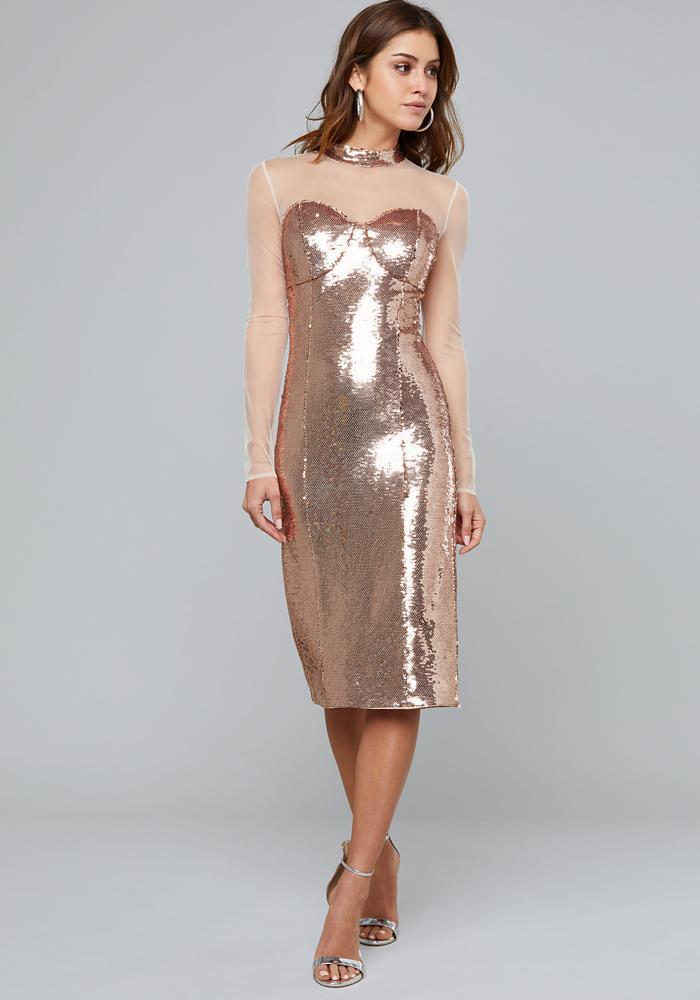 Bebe Rose Gold Sequin Midi Dress in 