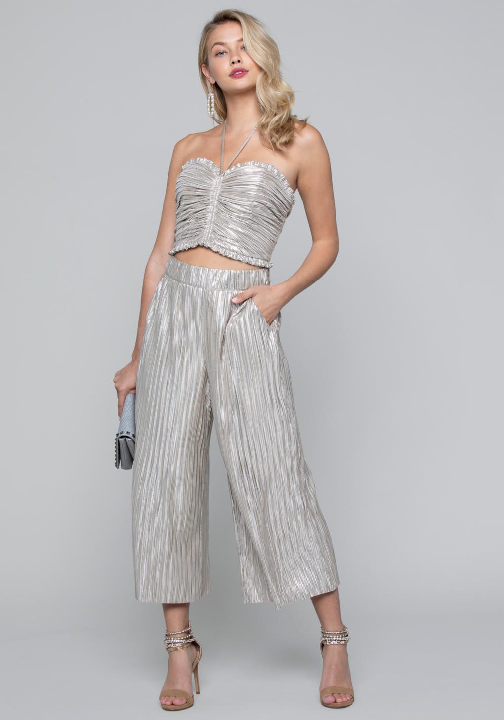 Bebe Synthetic Metallic Crinkle Culottes In Gray Lyst