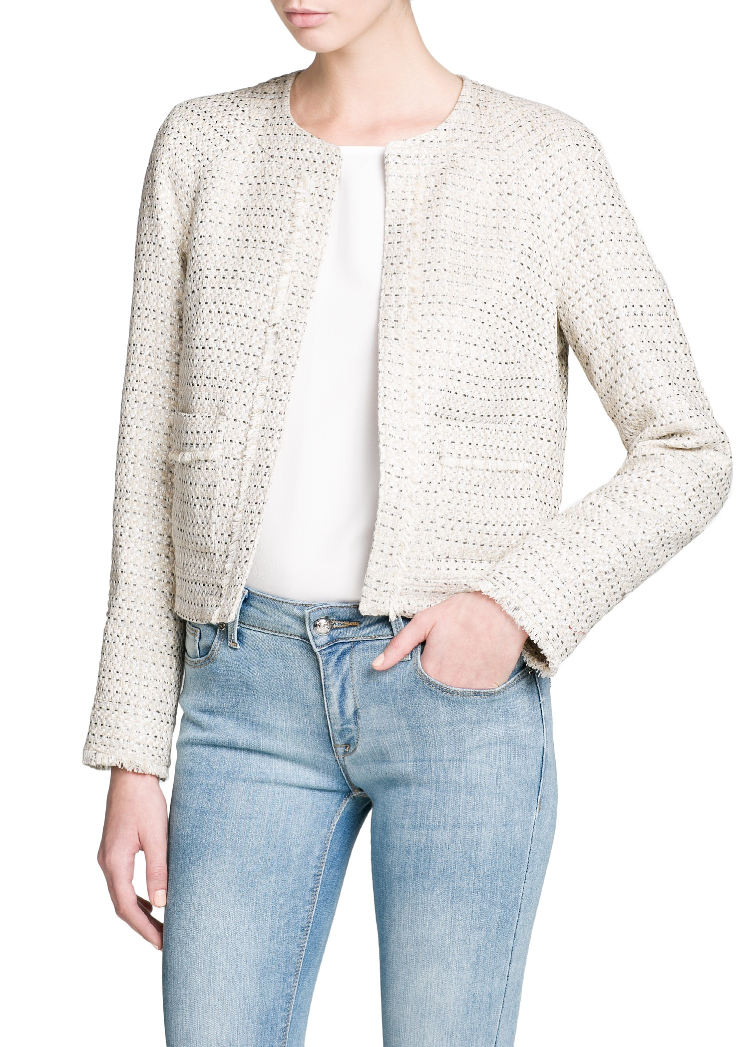 Lyst - Mango Frayed Detail Bouclé Jacket in Natural