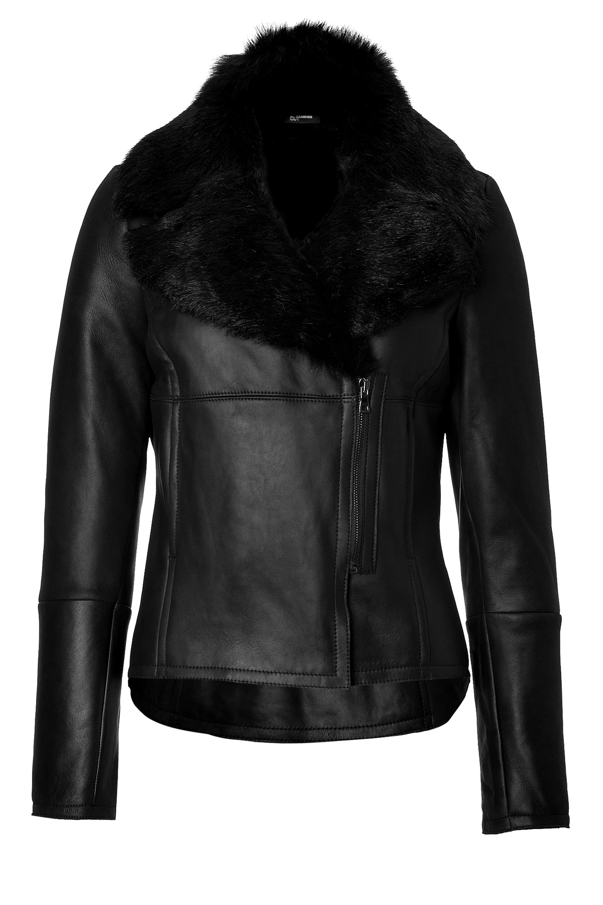 Jil sander navy Leather Jacket With Fur Collar in Black | Lyst