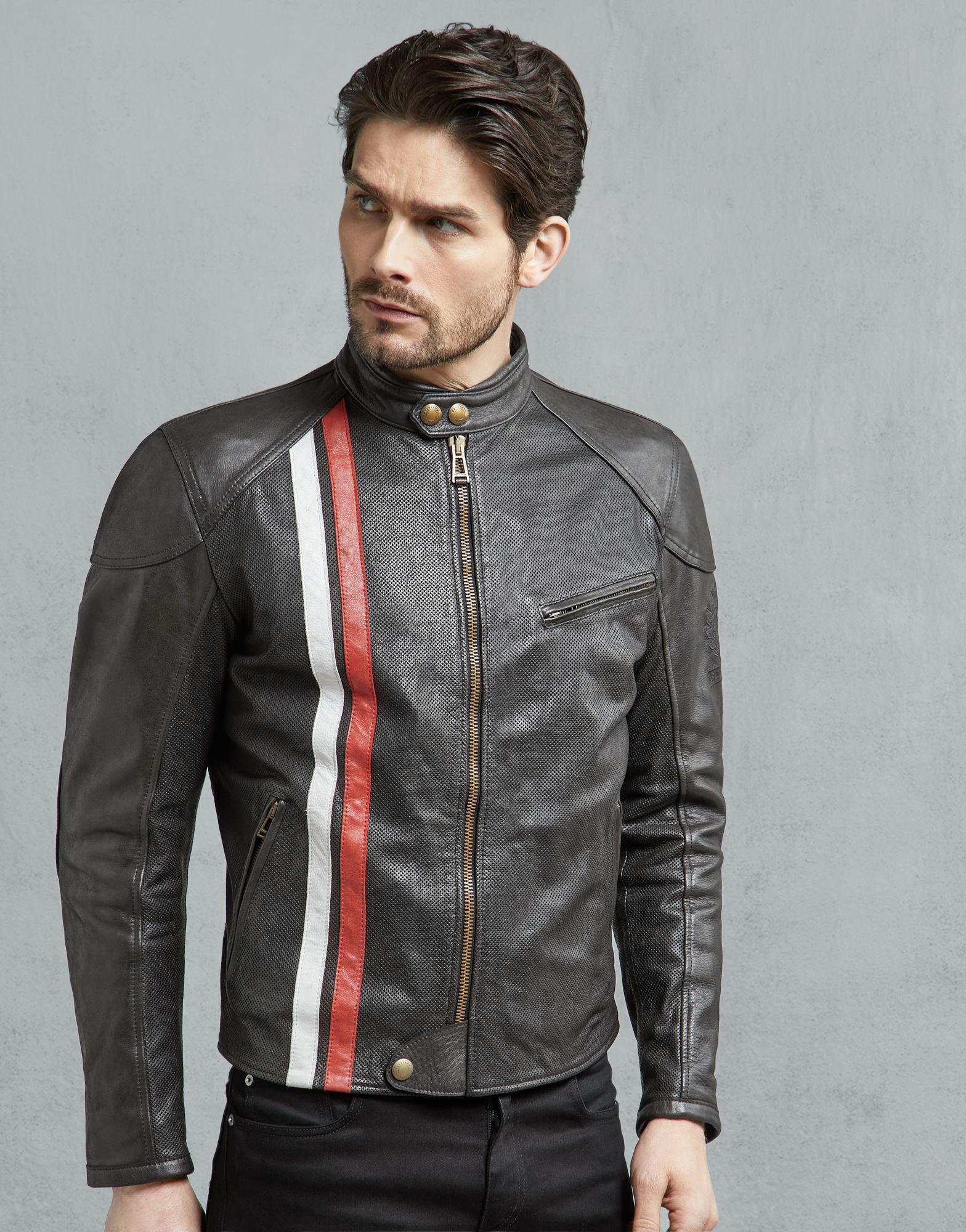 Belstaff Leather Seeley Motorcycle Jacket In Black Red Ivory