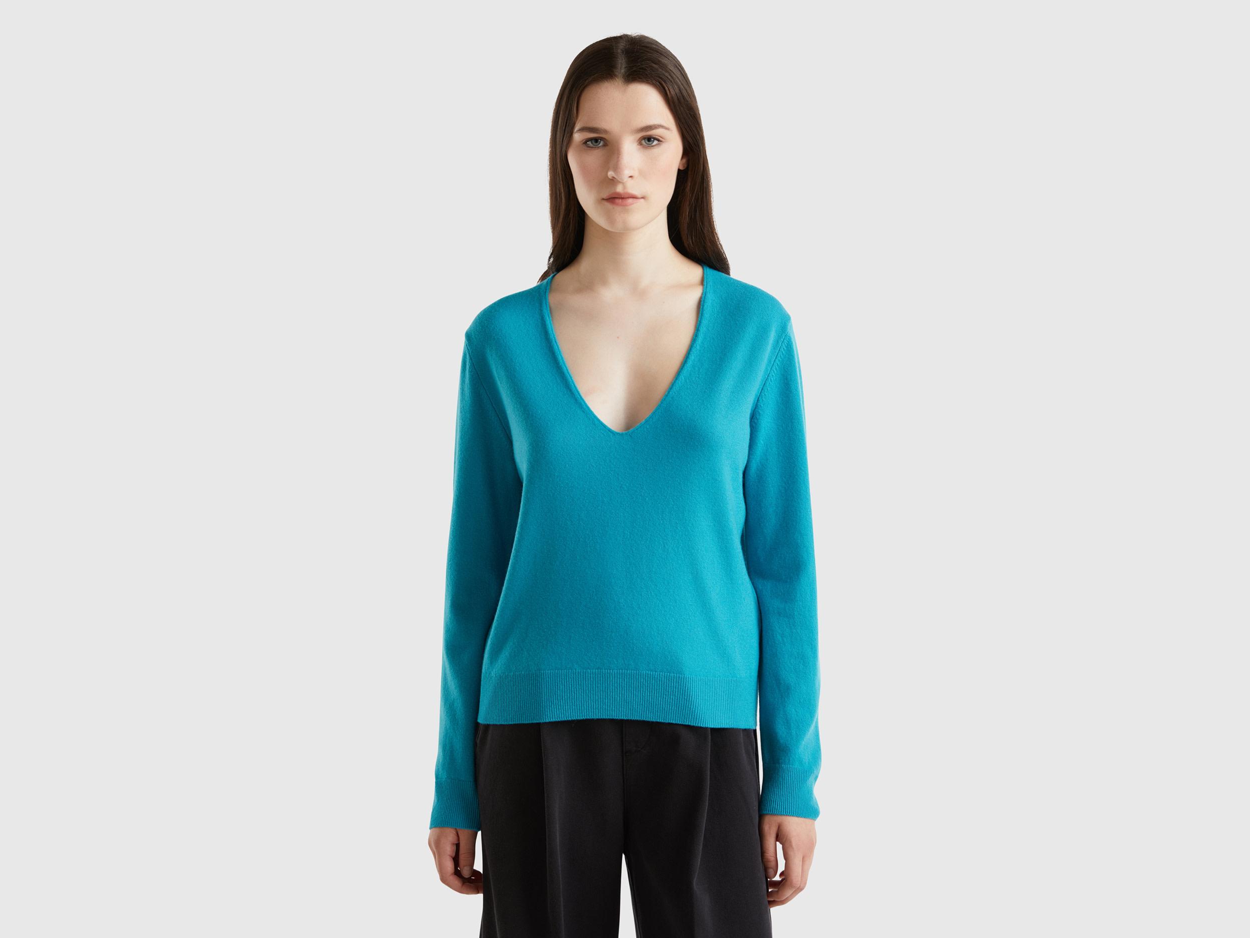 Benetton Pull Col En V En Pure Laine Merinos Femme Benetton en coloris Bleu Lyst