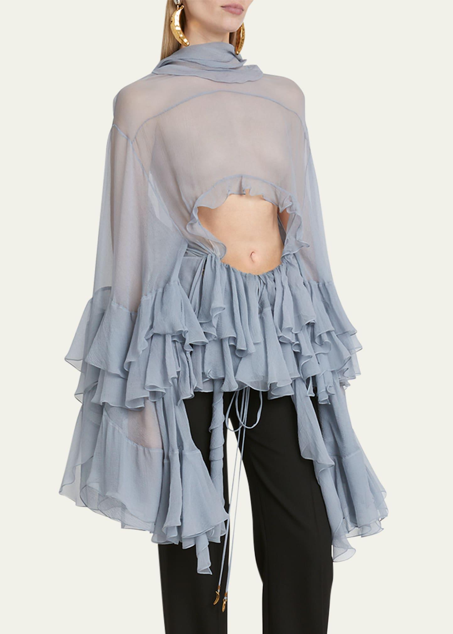 Tシャツ・カットソー CHLOE MAXI TOP WITH RUFFLES IN SILK CHARMEUSE Chloé Maxi Gathered Ruffle Top In Silk Charmeuse | Chloé US