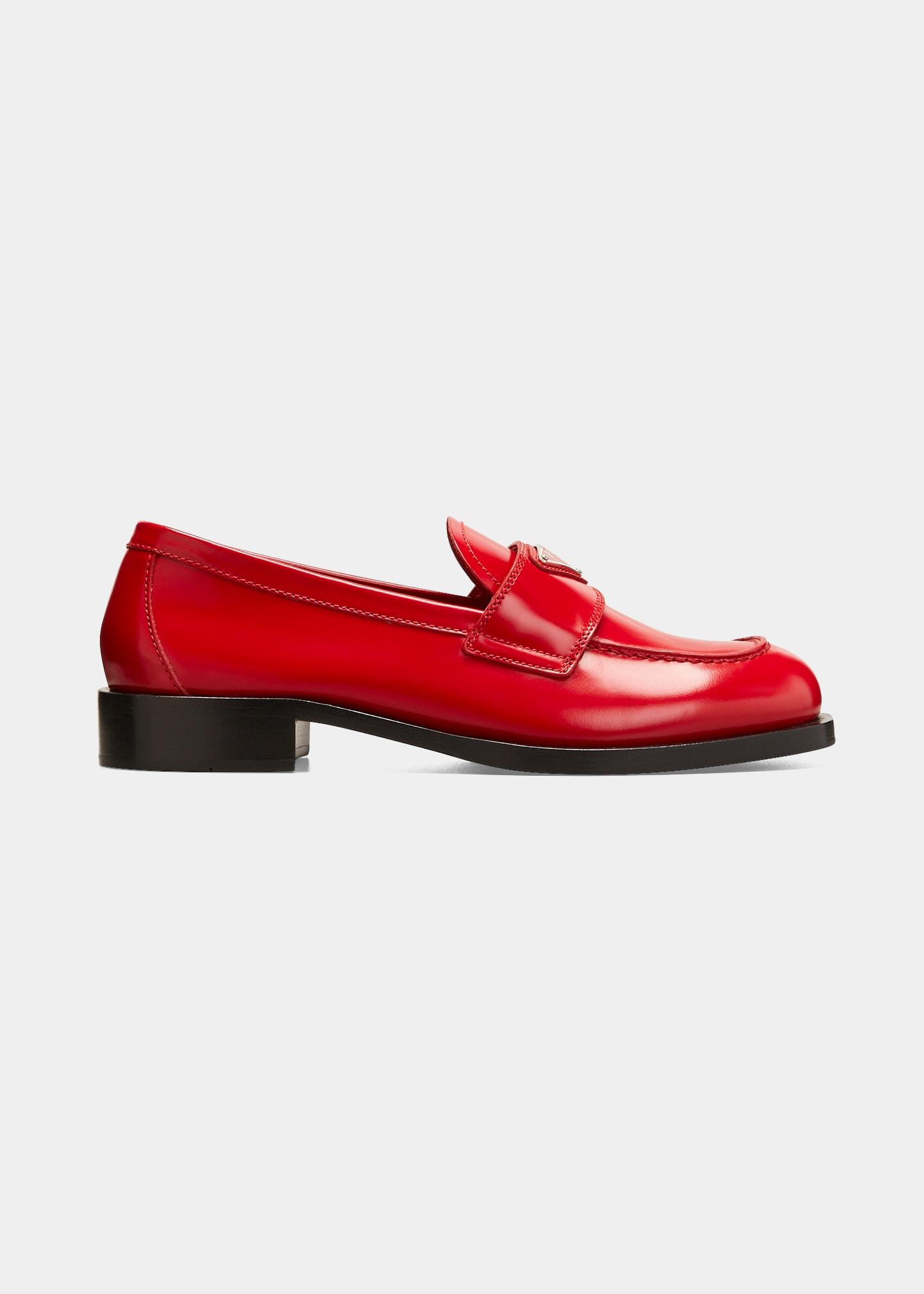 Prada Calfskin Logo Flat Loafers in Red | Lyst