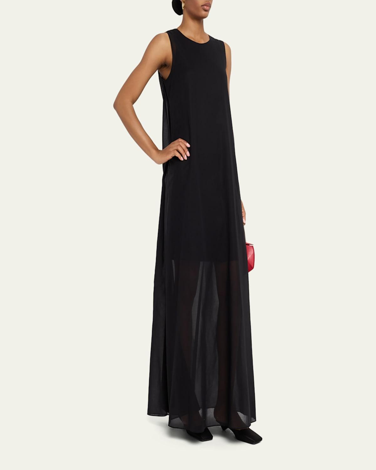 lafayette 148 new york sleeveless pleated a-line maxi dress Lafayette 148 New York Sleeveless Layered Side-Slit Maxi Dress in Black