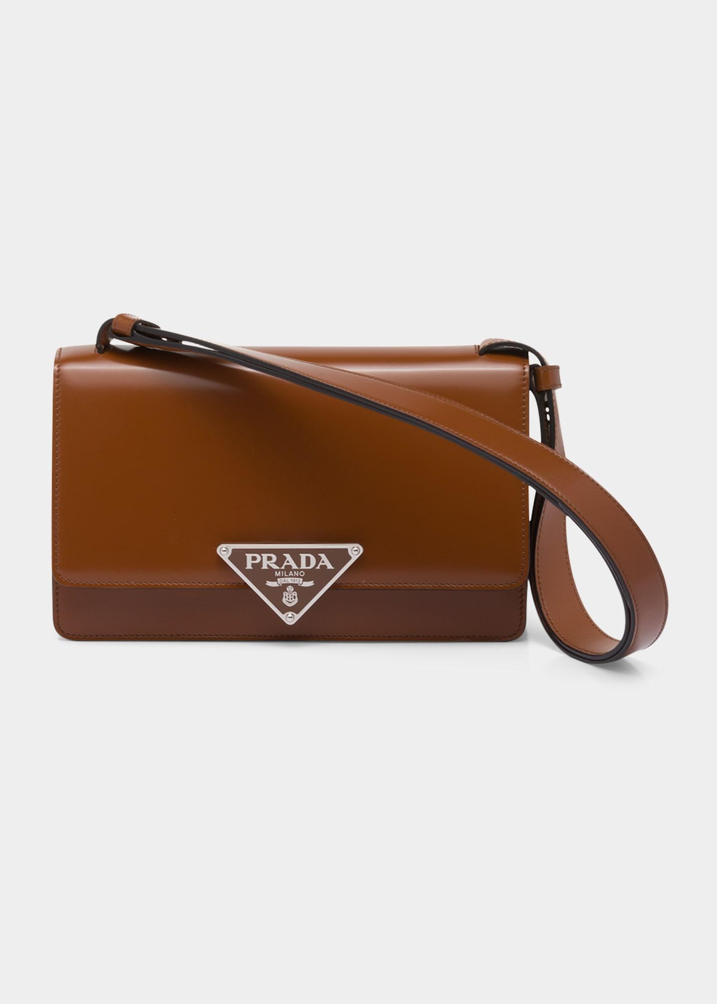 Prada Triangle Logo Spazzolato Leather Shoulder Bag in Brown