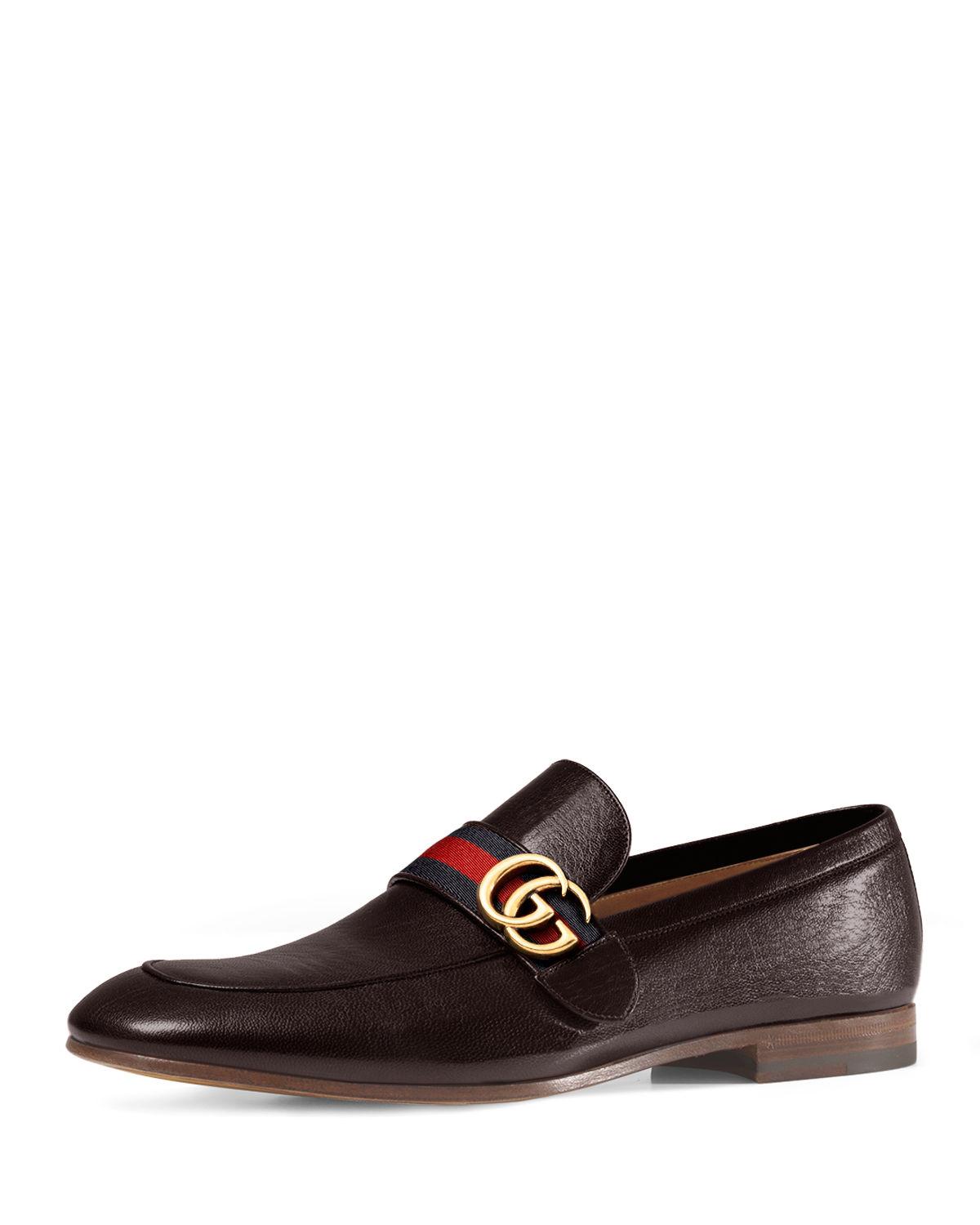 Gucci Men's Donnie Web Leather Loafers in Brown for Men - Lyst