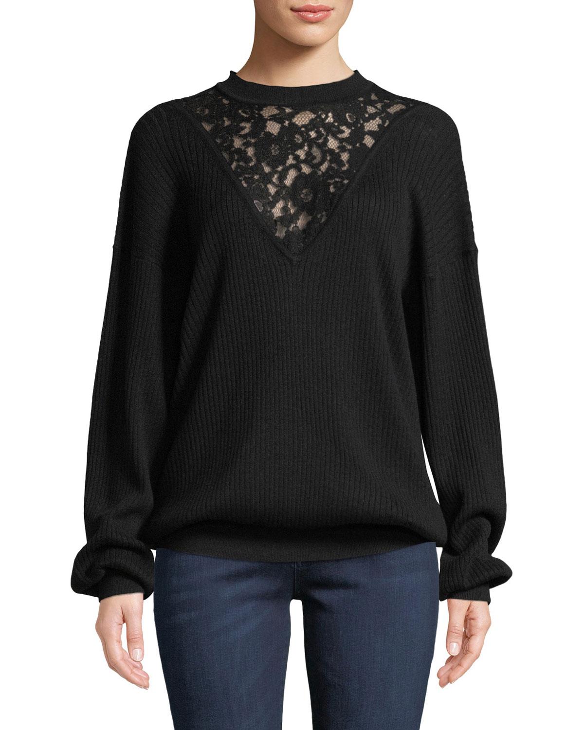See By Chloé Long-sleeve Wool Pullover Sweater With Lace Inset in Black ...